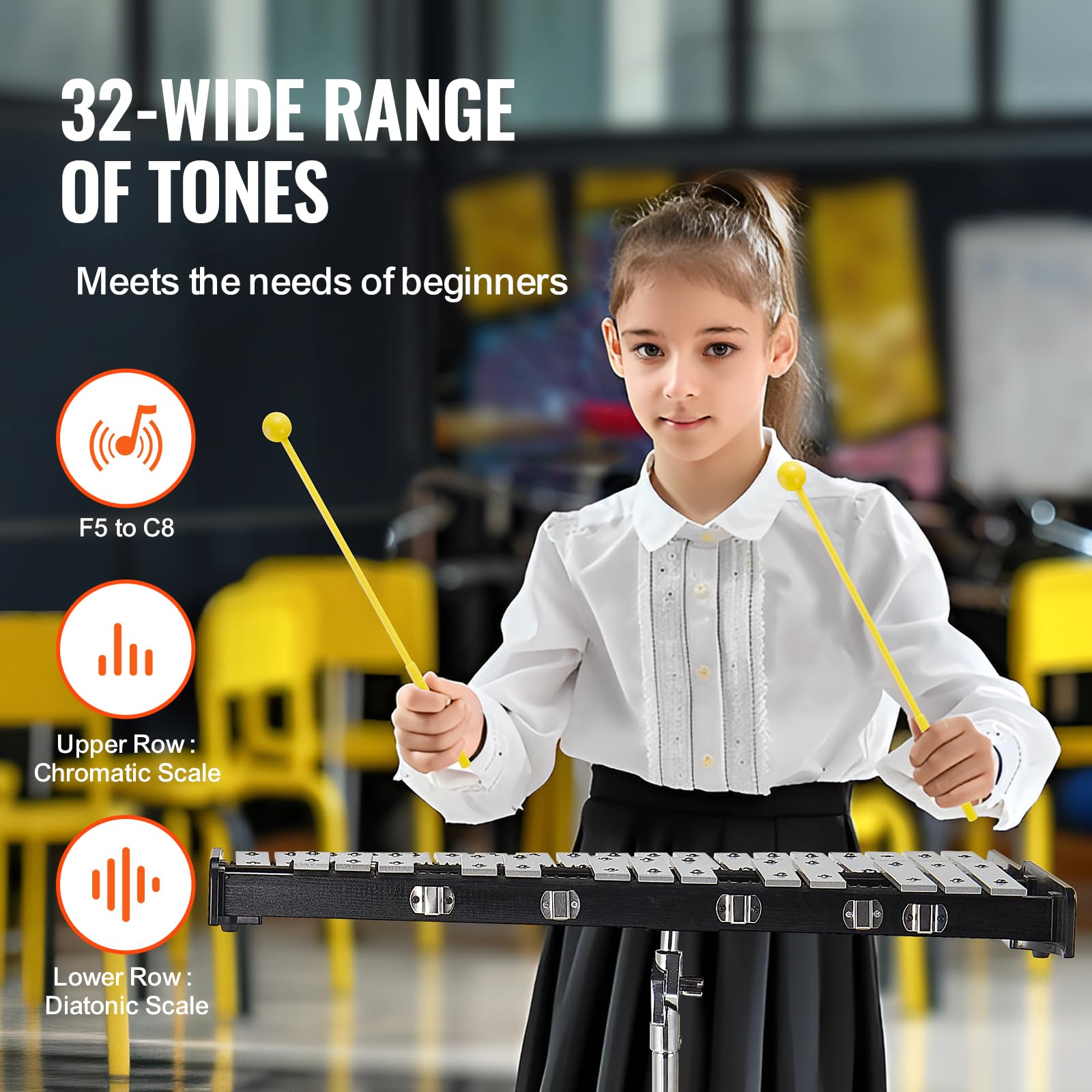 VEVOR 32-Note Glockenspiel Xylophone Bell Kit - Professional Percussion Instrument Set with Mallets, Drum Sticks, Music Sheet, 8