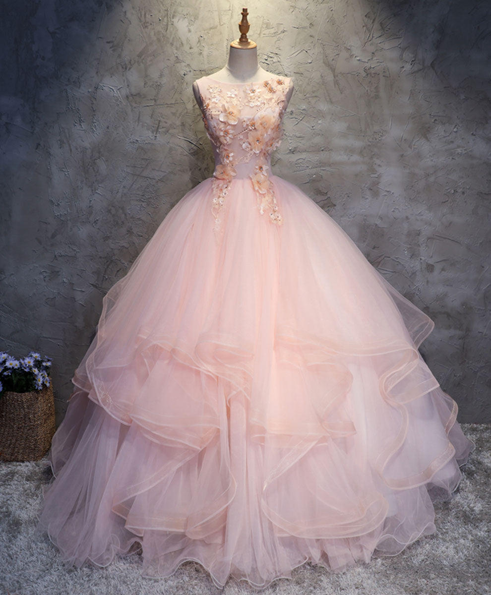 Elegant Pink Round Neck Tulle Lace Long Prom Dress for Women - Formal Evening Gown for Homecoming, Wedding, Quinceañera & Special Occasions