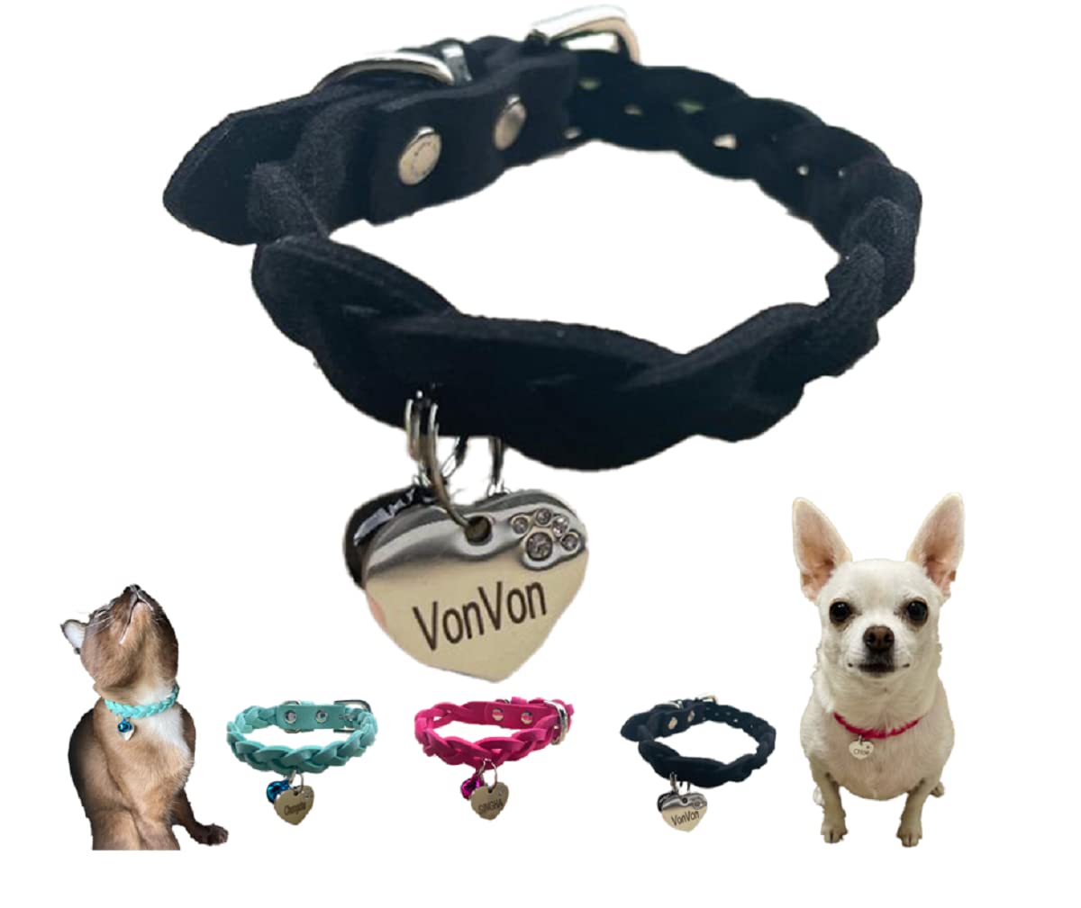 Braided Suede Leather Dog Collar with Personalized Engraved Name Tag - Adjustable Pet Collar for Small & Medium Dogs & Puppies - Includes Free Bell - Perfect for Daily Walks, Training & Fashion Accessories