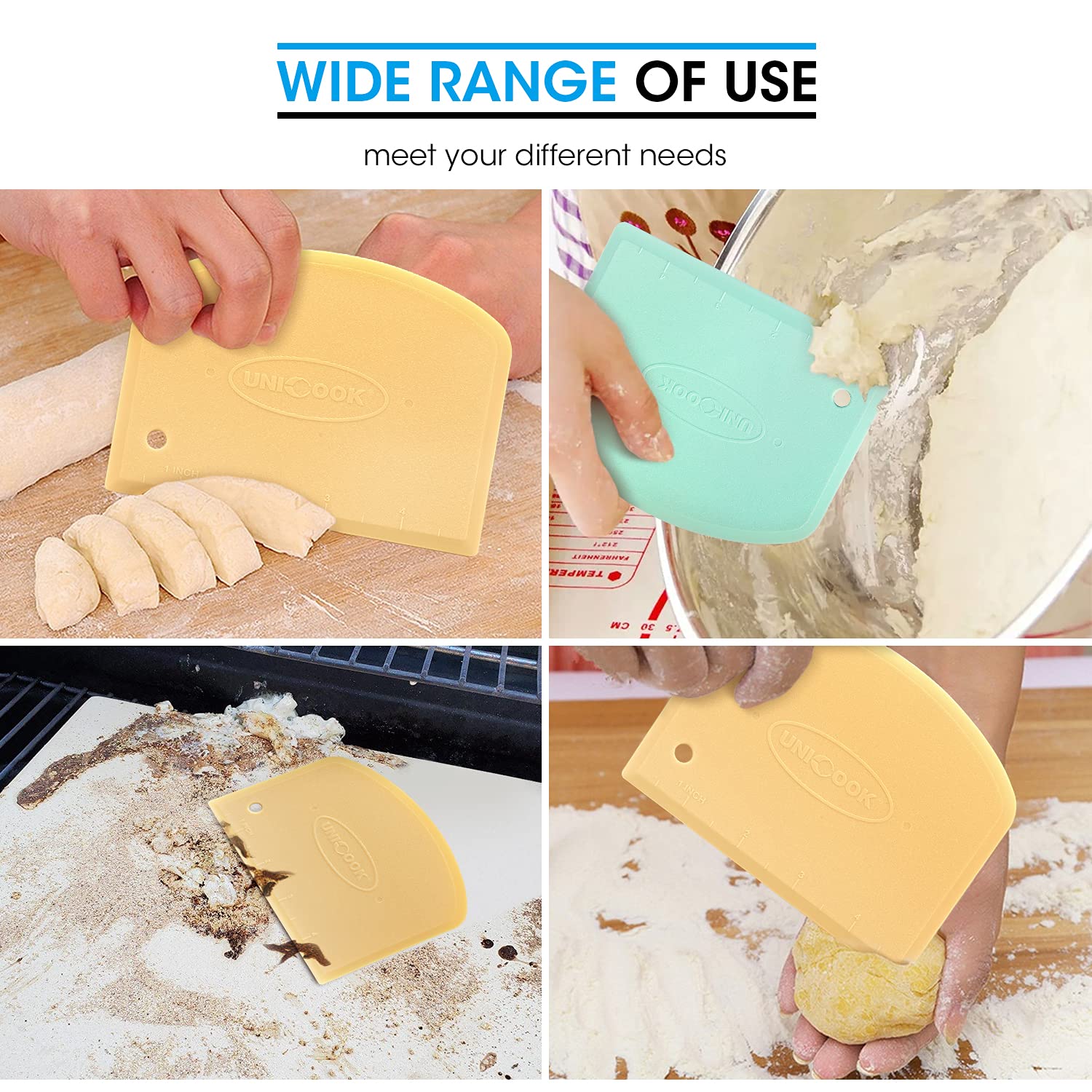 Unicook Flexible Dough Scraper & Bowl Scraper Set - 2 Pack Non-Slip Bench Cutter with Measurement for Baking, Pastry, Pizza, Bread, Cake | Perfect for Kneading, Cutting, Measuring & Cleaning in Professional & Home Kitchens