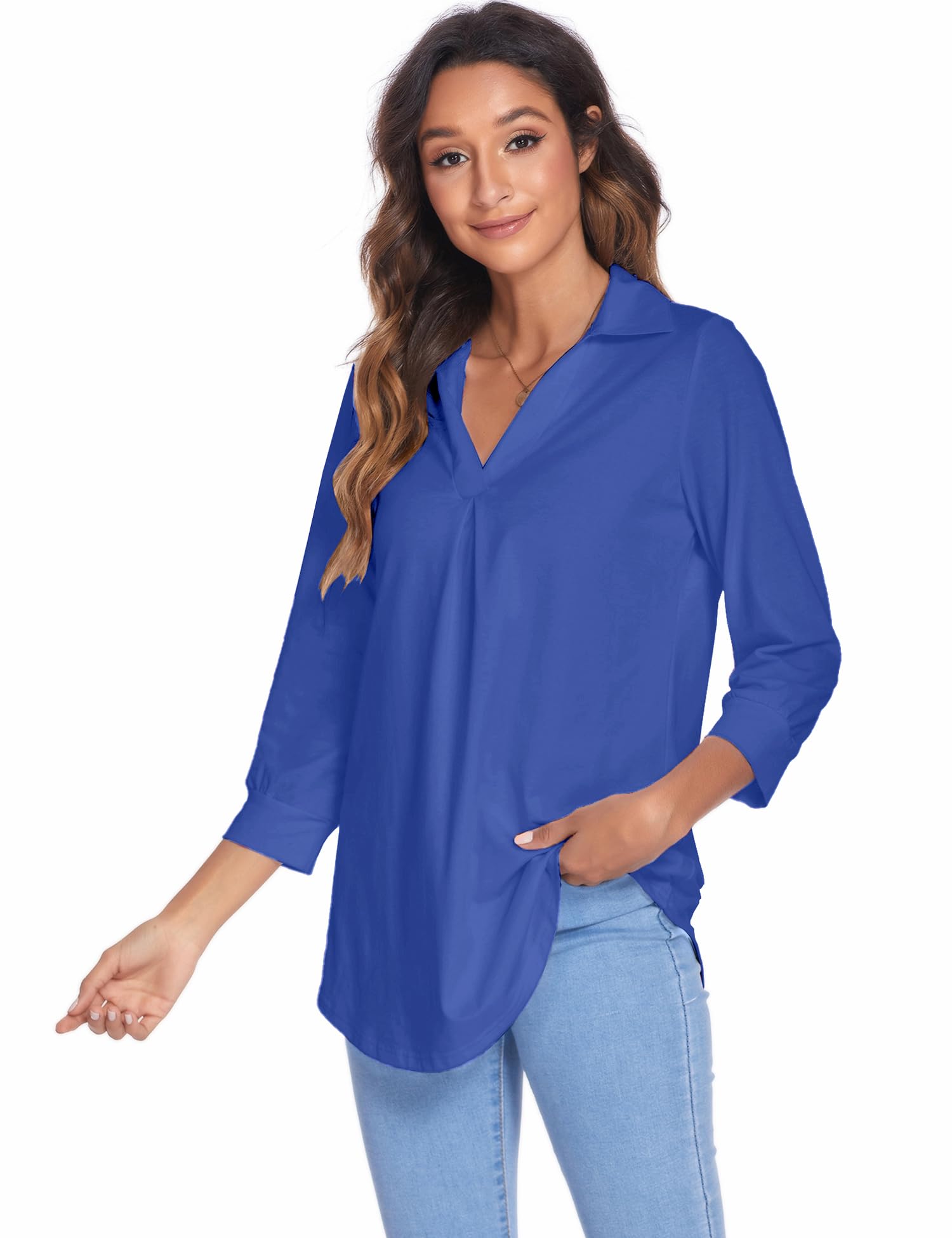 Newchoice Women's Collared V-Neck 3/4 Sleeve Blouse - Business Casual Loose Fit Tops for Work & Office (Sizes S-3XL) | Perfect for Office Wear, Business Meetings & Professional Outfits