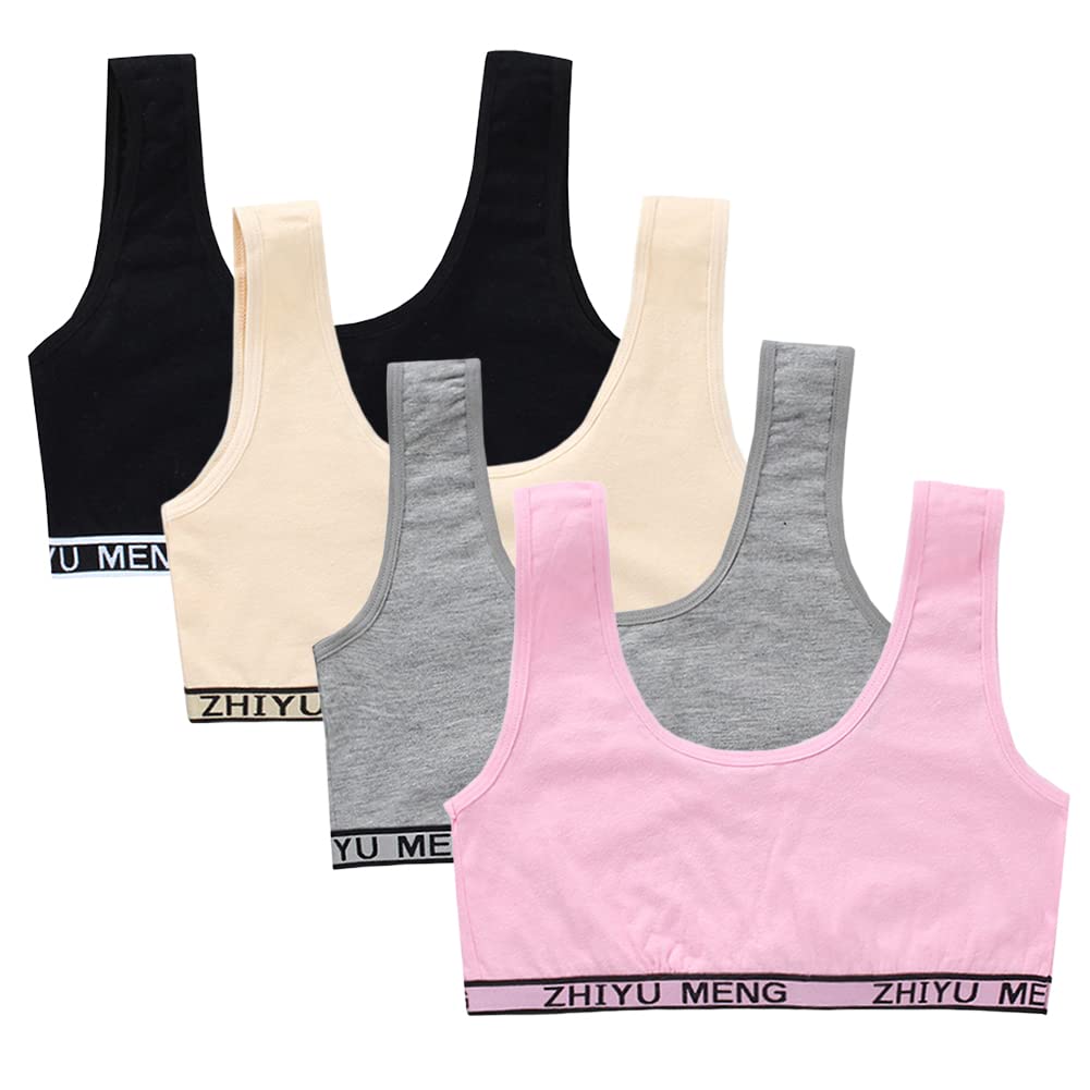4-Pack Girls' Modern Cotton Bralette - Seamless Comfort Stretch Sports Bras for Kids & Teens - Soft Training Bras with Breathable Fabric - Perfect for School, Yoga, Dance & Everyday Wear