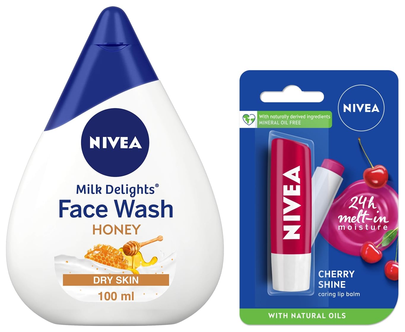 1. NIVEA Lip Balm with Glossy Finish - Fruity Cherry Shine, 4.8g | Hydrating & Moisturizing Lip Care for Soft, Smooth Lips | Perfect for Daily Use, Makeup Prep & On-the-Go    2. NIVEA Women's Face Wash for Dry Skin - Milk Delights Honey Formula, 100ml | Gentle Cleansing & Nourishing for Dry, Sensitive Skin | Ideal for Morning & Night Skincare Routine