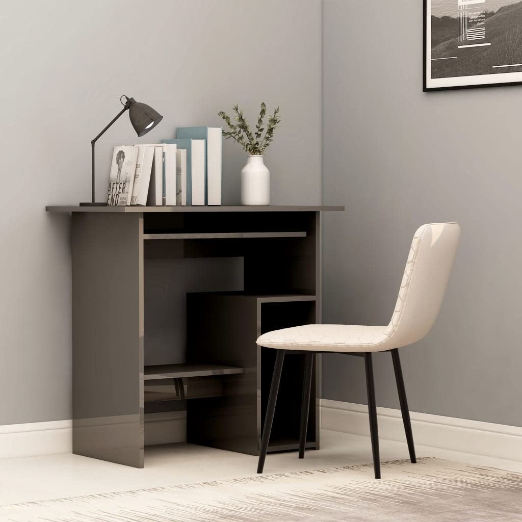 Modern Home Office Desk with Open Shelf - High Gloss Gray Writing Desk & Study Table (31.5