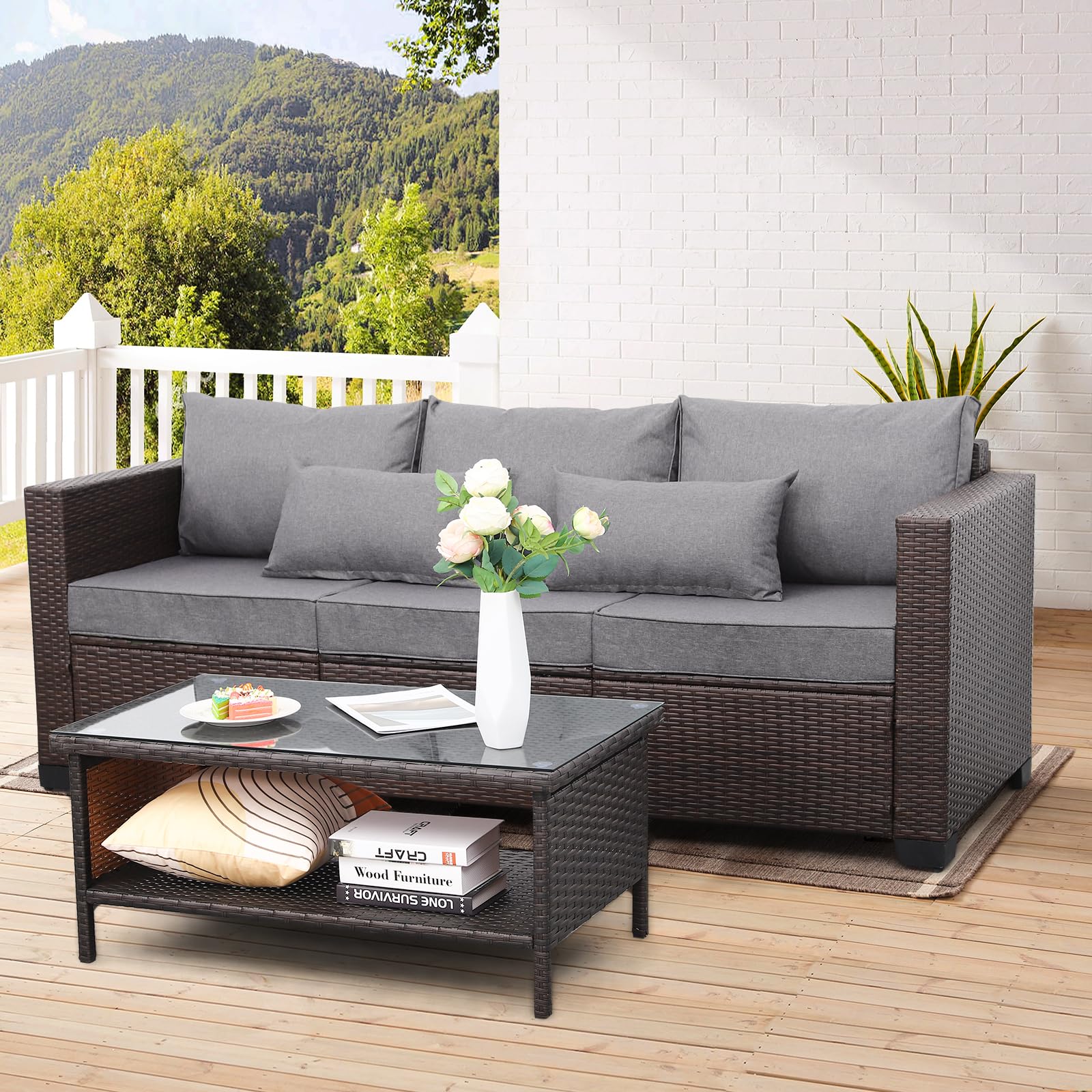 Outdoor PE Wicker Coffee Table with Glass Top - Rattan Patio Garden Side Table for Living Room, Balcony & Backyard - Brown Weather-Resistant Furniture for Tea Time & Relaxation
