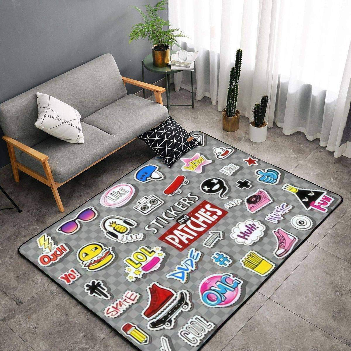 Doodle Style Non-Slip Area Rugs - Soft Indoor/Outdoor Floor Mats for Living Room, Nursery, Yoga & Doorway - Vector Teens Sticker Design Throw Carpets