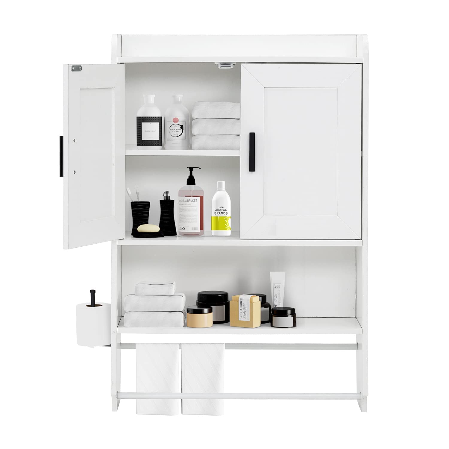 Wooden Over The Toilet Bathroom Wall Cabinet with Adjustable Shelves & Towel Bar - Wall Mounted Medicine Storage Cabinet for Bathroom Organization - Perfect for Small Bathrooms, Apartments & Powder Rooms