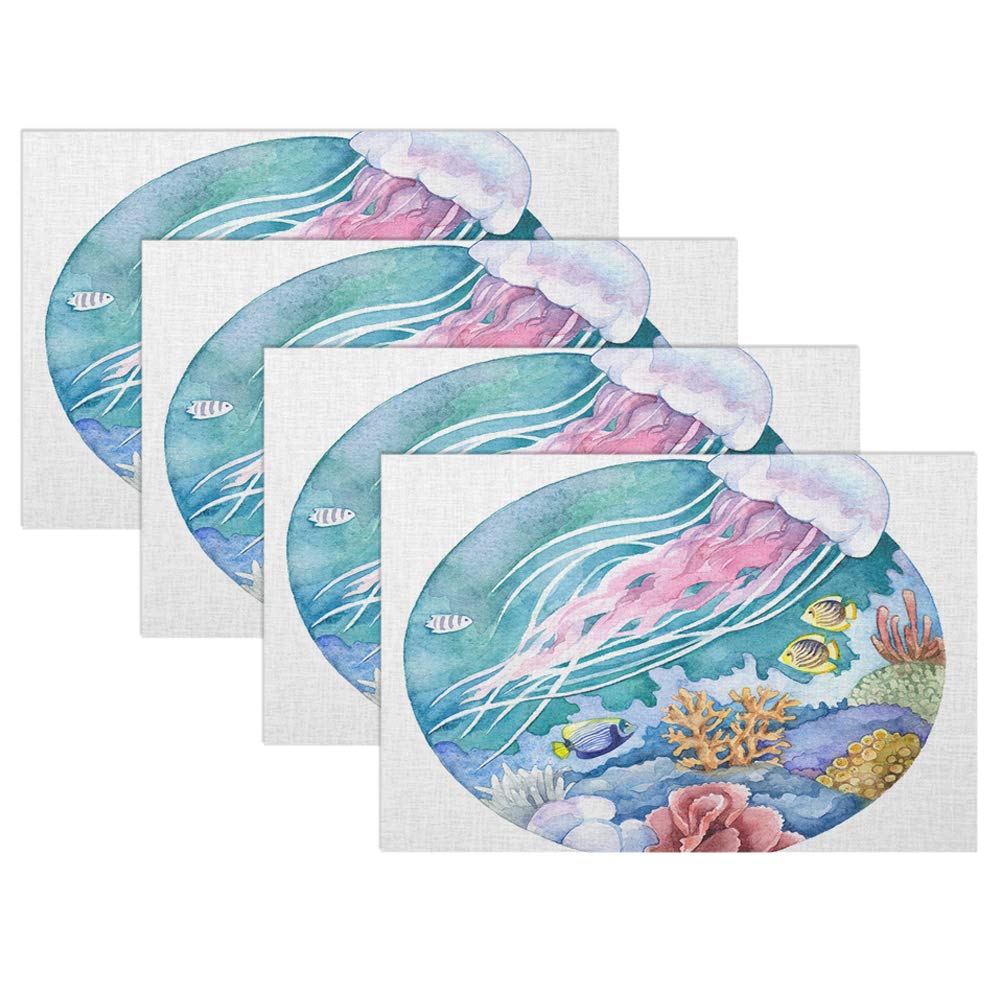 Swono Waterproof Placemat Set of 4 - 12x18 Inch Coral Reef Fish & Jellyfish Art Table Mats - Oilproof Kitchen Dining Decor for Home, Restaurants & Beach Houses - Perfect for Seafood Dinners, Coastal Themed Parties & Ocean Lover Gifts