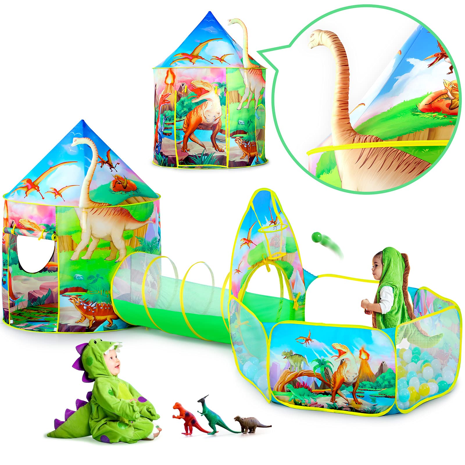 GeerWest 3PC Dinosaur Play Tent Set for Kids - Pink Pop Up Playhouse with Ball Pit & Crawl Tunnel, Indoor & Outdoor Toddler Toys, Birthday Gift for Girls & Boys - Perfect for Playdates, Backyard Fun & Imaginative Adventures