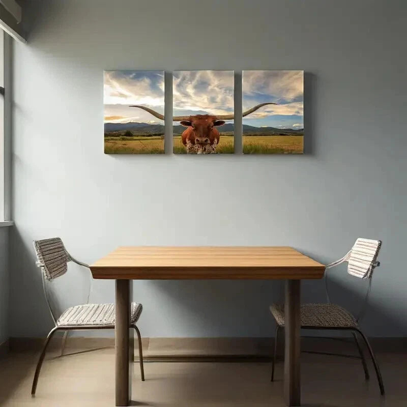 3-Piece Longhorn Metal Wall Art Prints - Ready to Hang Western Decor for Living Room, Office & Ranch Style Homes