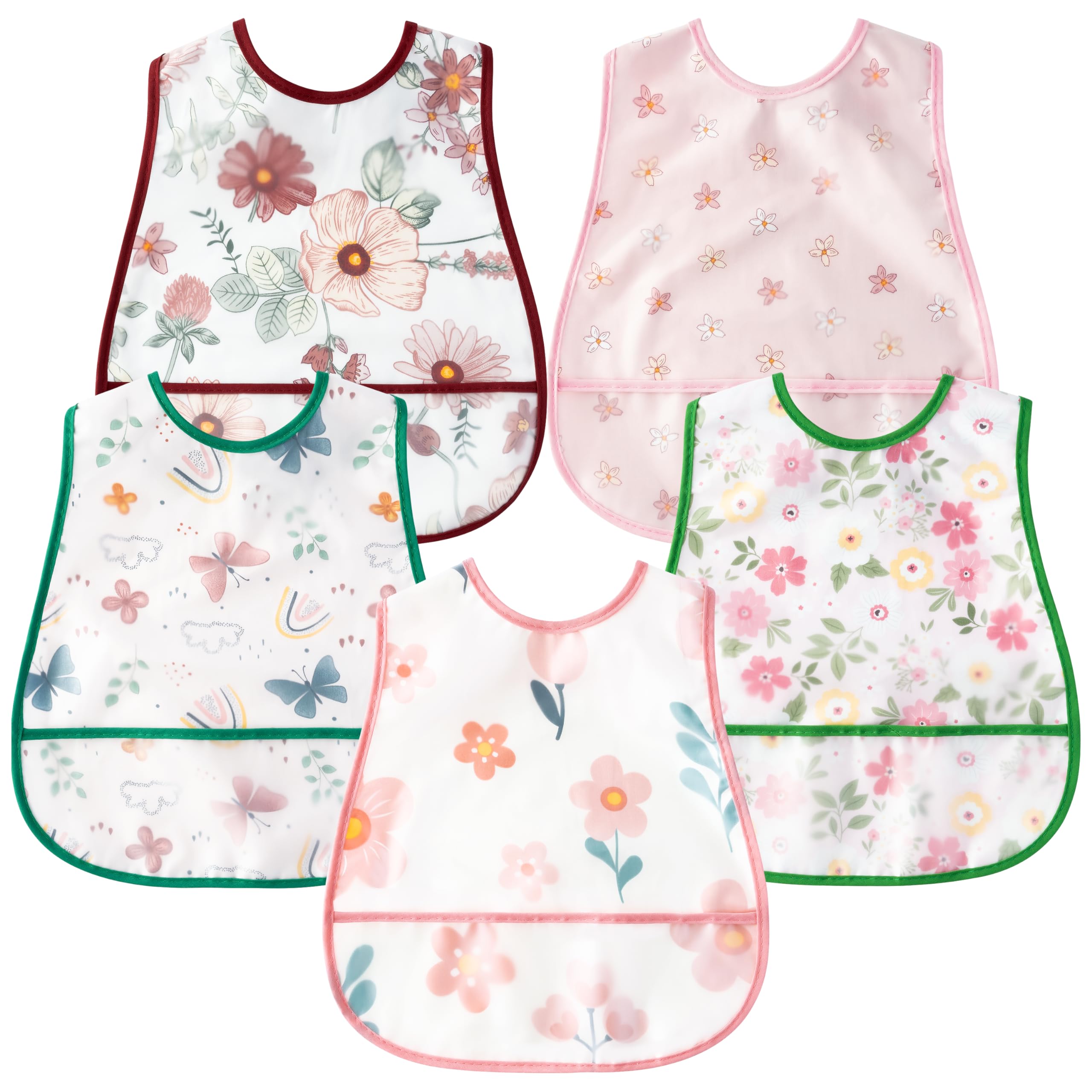 R HORSE 5Pcs Waterproof Baby Bibs Set with Crumb Catcher Pocket & Snap Button - Soft Toddler Feeding Bibs for 6-24 Months - Ideal for Mealtime, Travel & Daycare Use