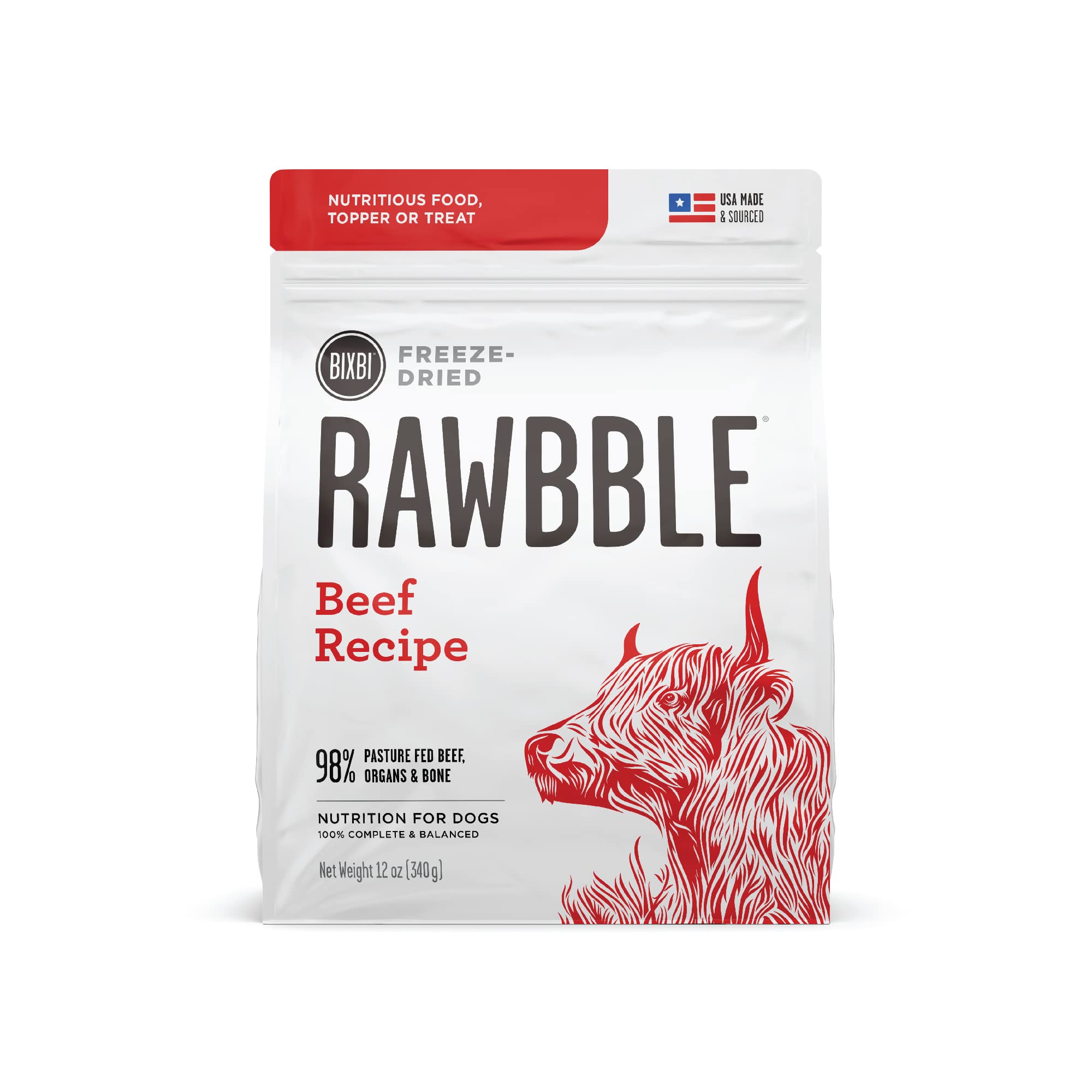 BIXBI Rawbble Freeze Dried Dog Food - Beef Recipe 12oz | 98% Meat & Organs | Grain-Free, No Fillers | Raw Dog Food for Meal, Treat or Topper | USA Made in Small Batches | Perfect for Travel, Hiking & Outdoor Adventures with Your Dog