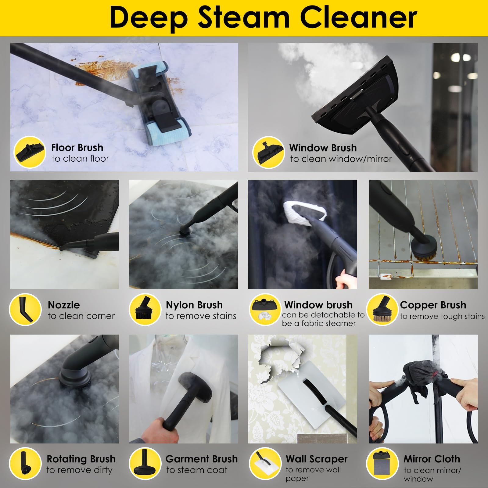 1500W High-Power Steam Cleaner with 5 Attachments - Portable Deep Cleaner for Home Floors, Upholstery, Tile & Grout - Onboard Storage (Model WJ528) - Perfect for Kitchen, Bathroom & Car Detailing