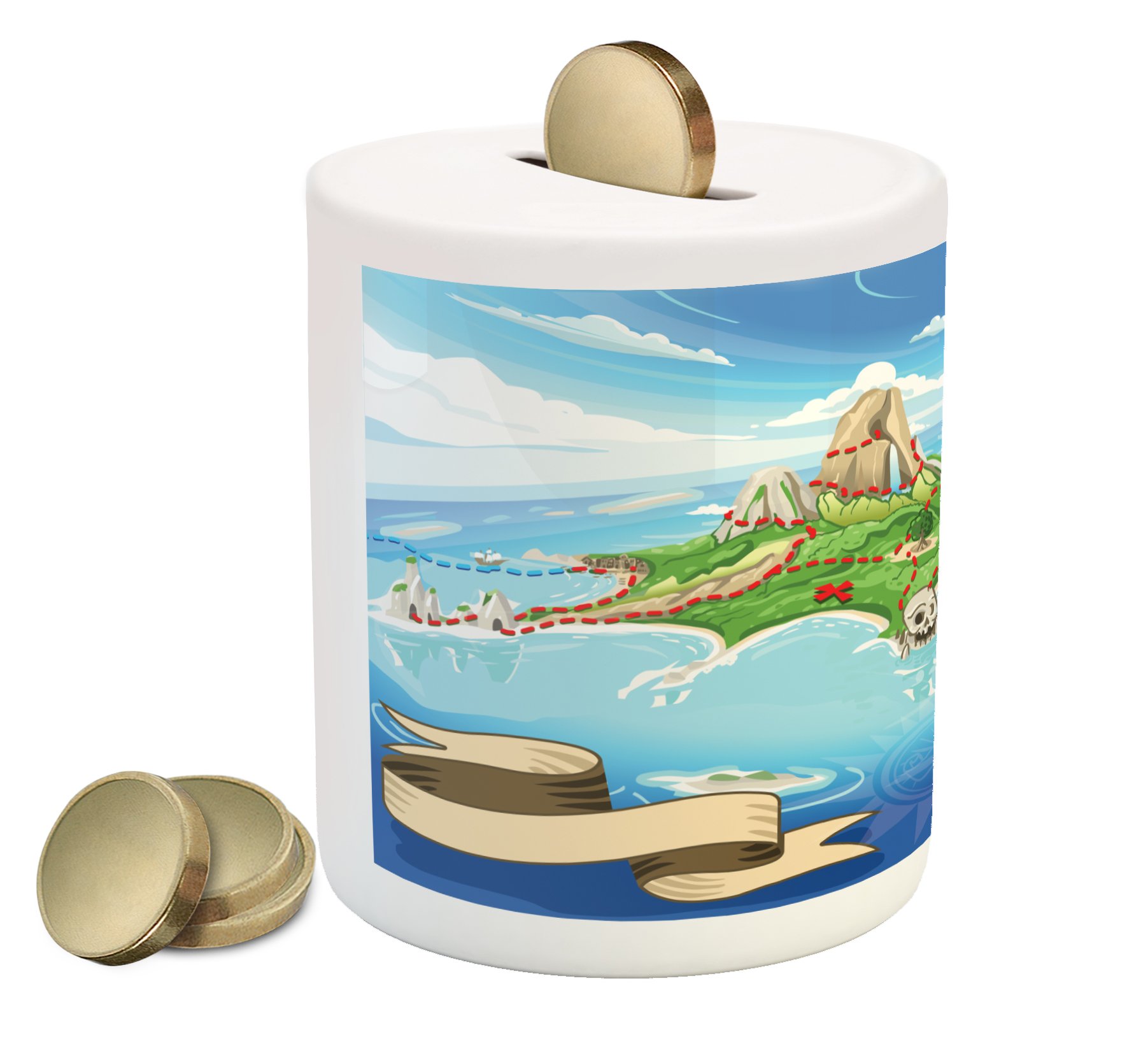 Ambesonne Ceramic Piggy Bank - Fantasy Pirate Cove Island Map with Skull & Crossbones Design, Aerial View Coin Bank for Saving Money | Perfect Gift for Kids, Collectors & Pirate Theme Decor | Home, Office, Nursery Use