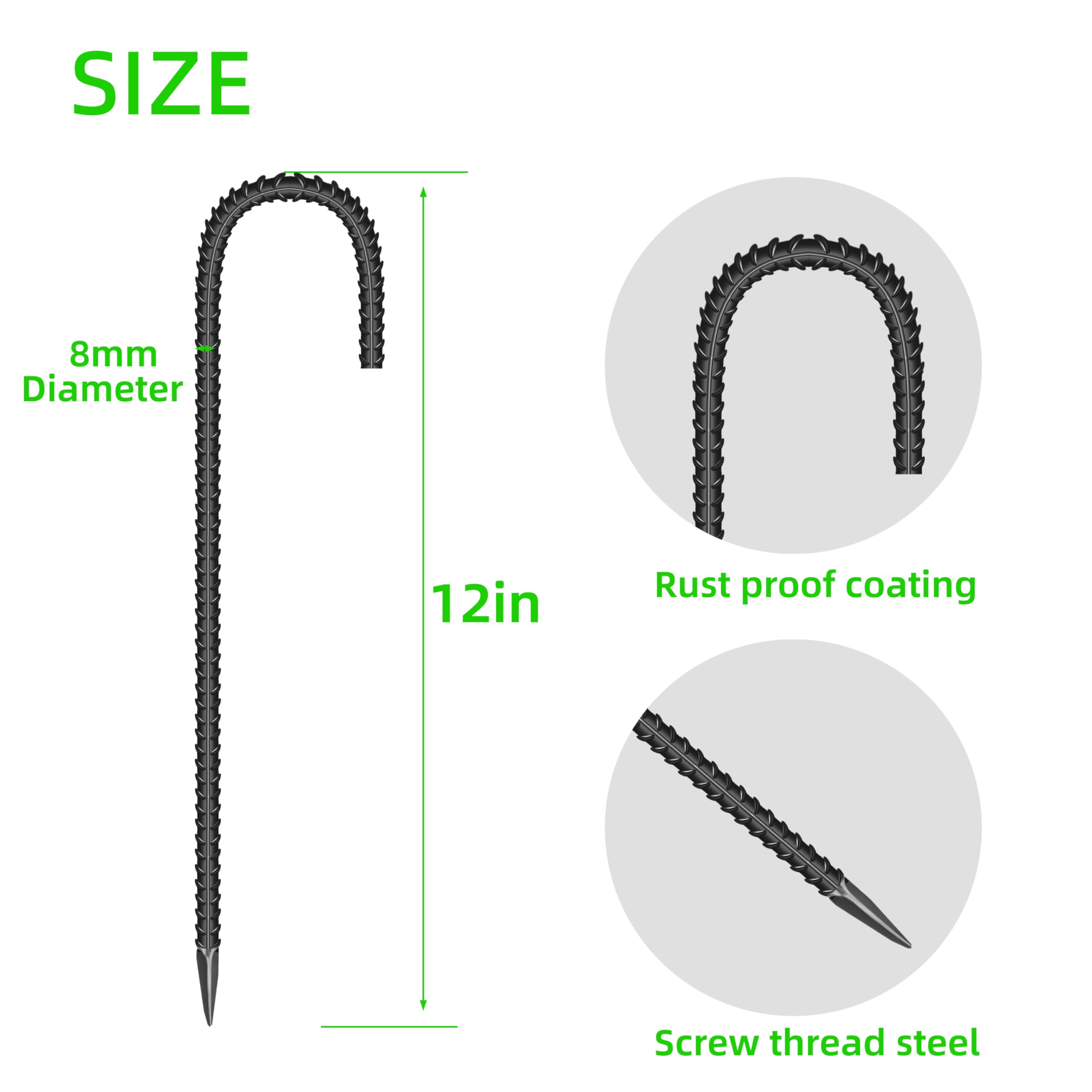 18-Piece 12-Inch Galvanized Steel J-Shaped Garden Ground Stakes - Heavy Duty Rebar Anchors for Tents, Fences, Trampolines & Outdoor Structures | Perfect for Camping, Yard Work & DIY Projects
