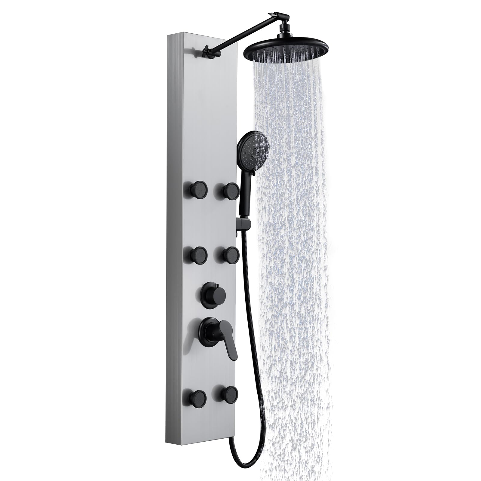 Premium Shower Panel Tower System with Adjustable Rainfall Shower Head, 6 Body Massage Jets & 5-Function Handheld Shower - Brushed Stainless Steel for Luxury Spa Experience at Home