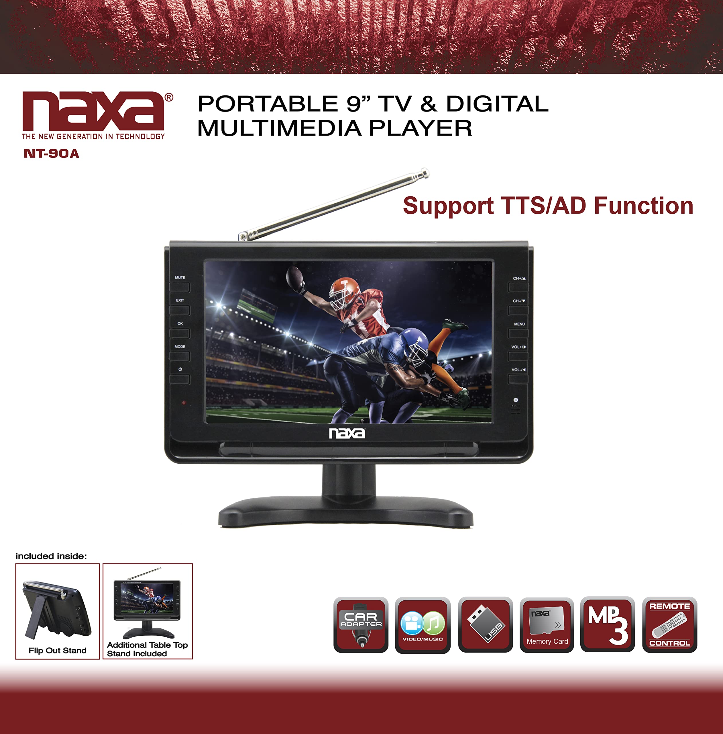Naxa Electronics NT-90A 9-inch Portable TV with Digital Multimedia Player - Black | Compact Travel TV for Camping, Road Trips & Dorm Rooms