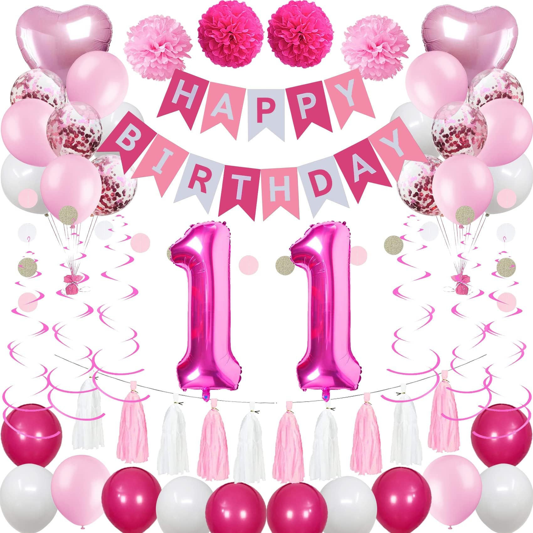 Sweet 11th Birthday Party Decorations for Girls - Pink & White Balloons, Banner & Supplies Kit | Perfect for Daughter's Birthday Celebration, Kids Party Decor, Photo Backdrop & Milestone Decorations