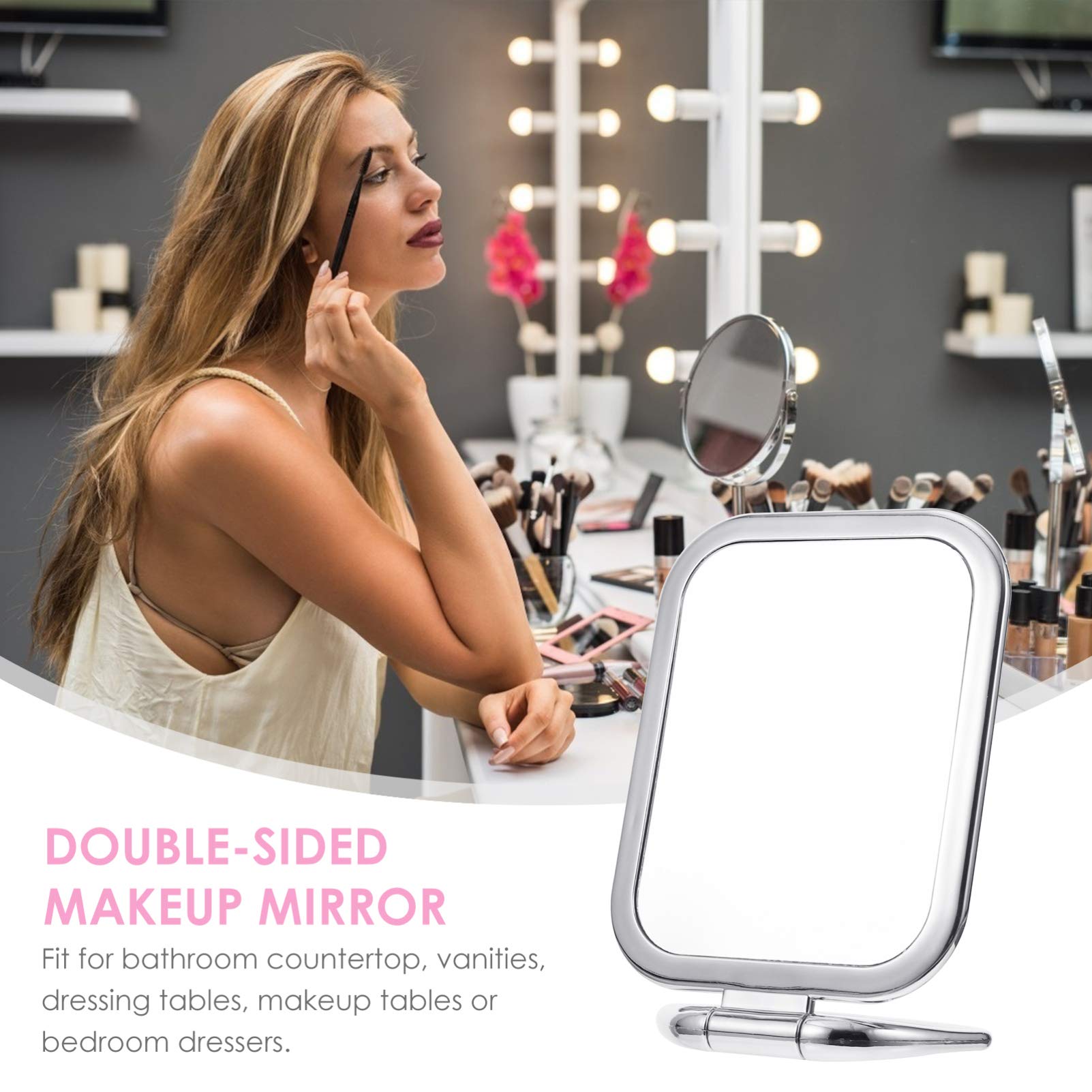 Double Sided LED Makeup Mirror with Lights - 360° Rotating Folding Vanity Mirror for Travel, Bathroom & Home Use - Portable Handheld Rectangular Mirror with Plastic Mini Bath Mat - Perfect for Makeup, Skincare & Hair Styling