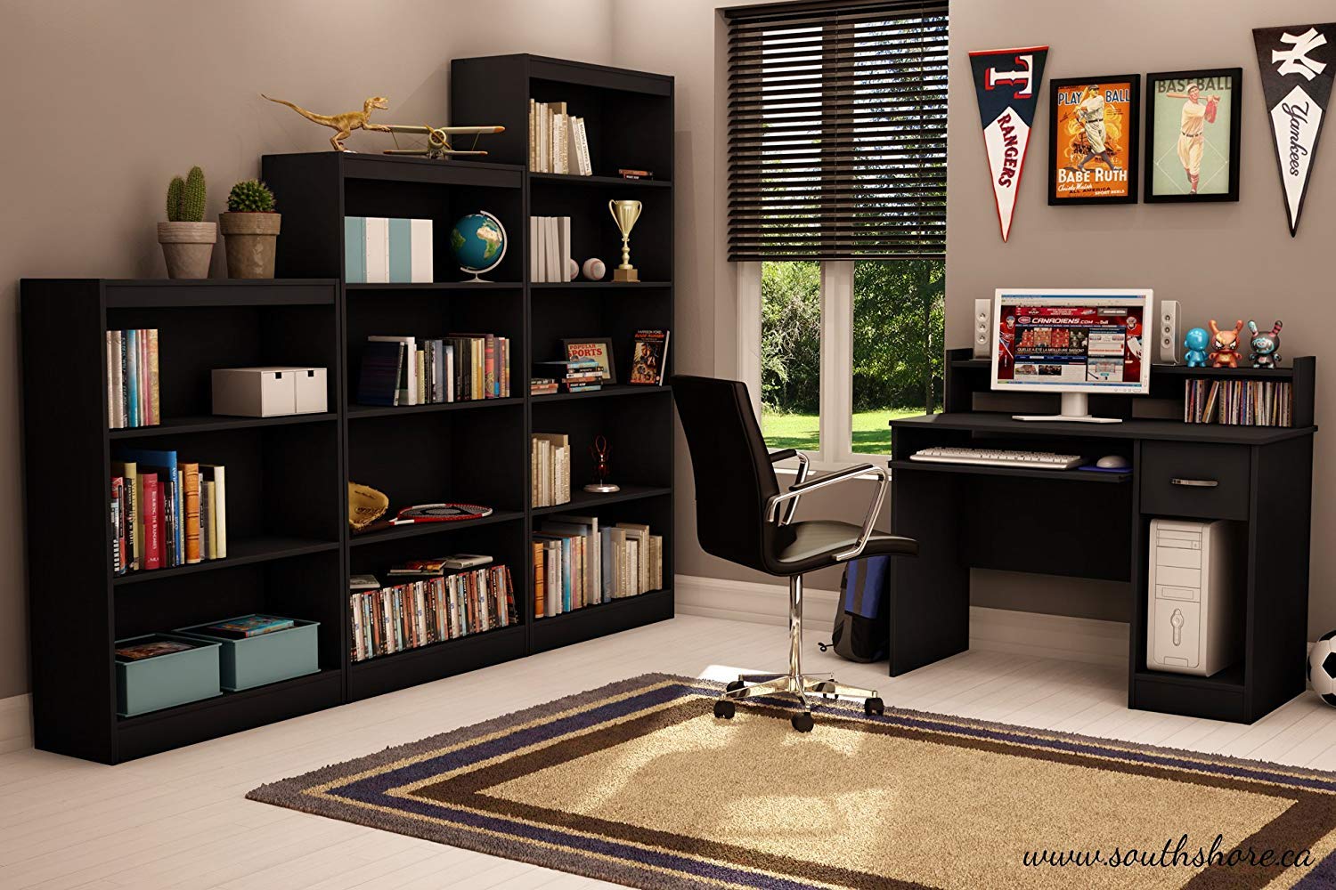 South Shore Axess 4-Shelf Bookcase in Pure Black - Modern Storage Solution for Home Office, Living Room & Bedroom Organization
