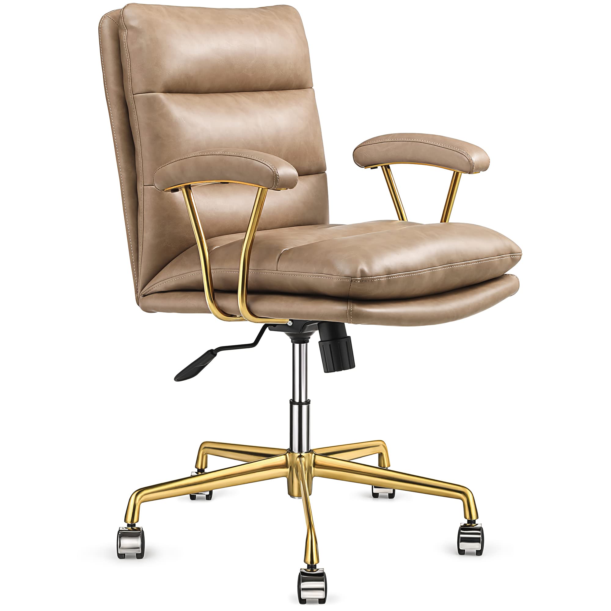 Ergonomic Mid Back Office Chair - LEAGOO PU Leather Desk Chair with Wheels, Adjustable Arms & Padded Armrest - Comfortable Computer Task Chair for Home Office, Gaming & Workspace (Khaki)