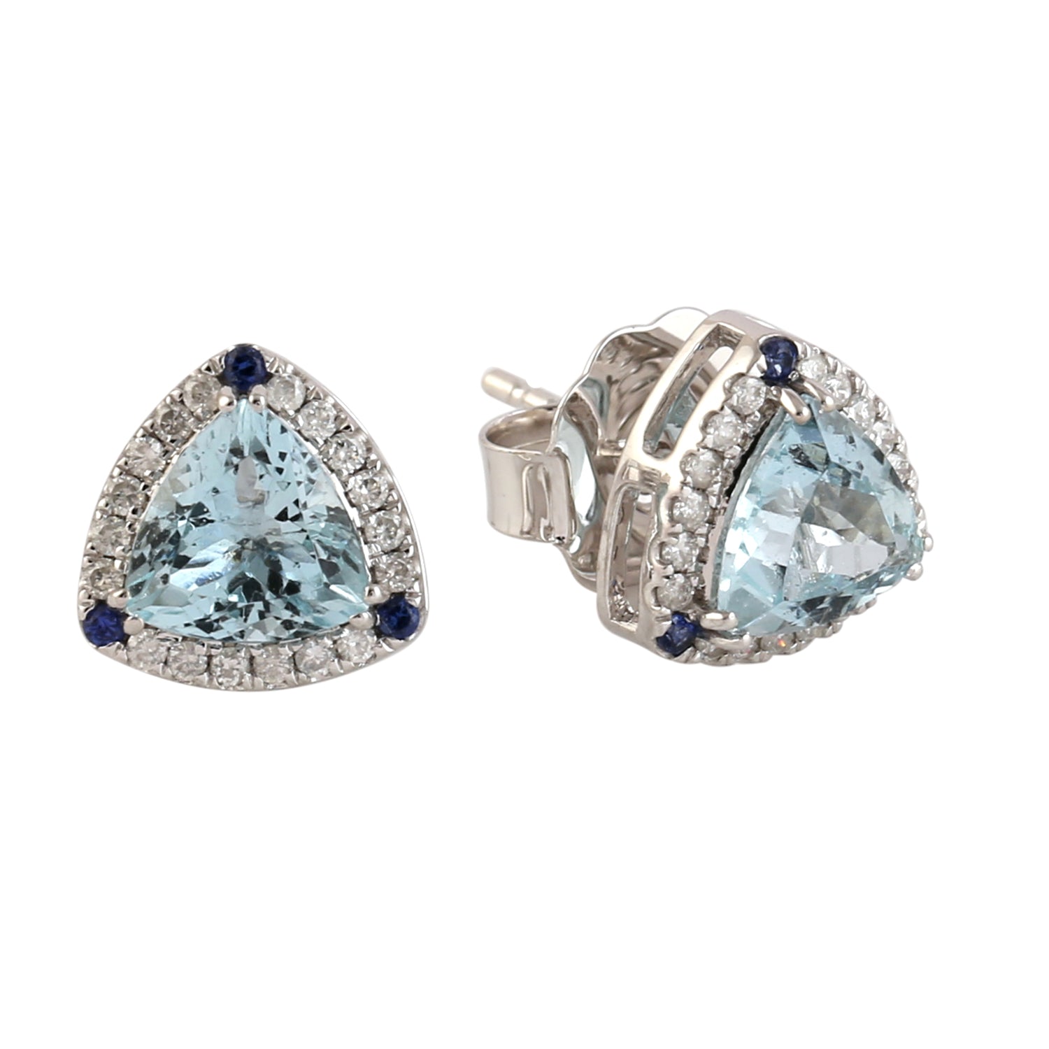 18K White Gold Aquamarine Sapphire Diamond Trillion Earrings for Women - Elegant Wedding, Anniversary, and Party Jewelry Gift