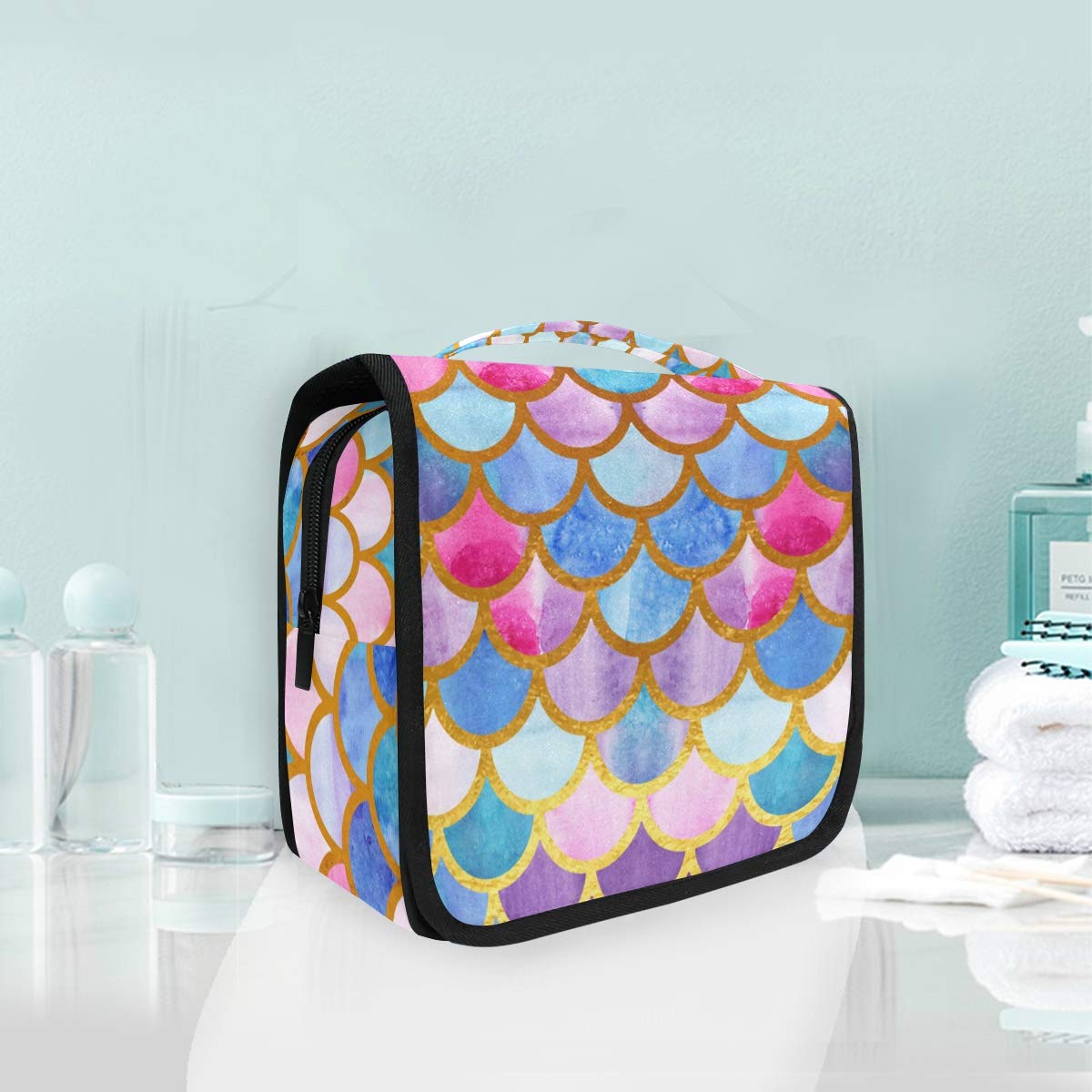 Colorful Mermaid Scales Hanging Toiletry Bag for Women - Large Capacity Travel Cosmetic Organizer, Portable Makeup Pouch with Sturdy Hook - Perfect for Travel, Business Trips & Bathroom Storage