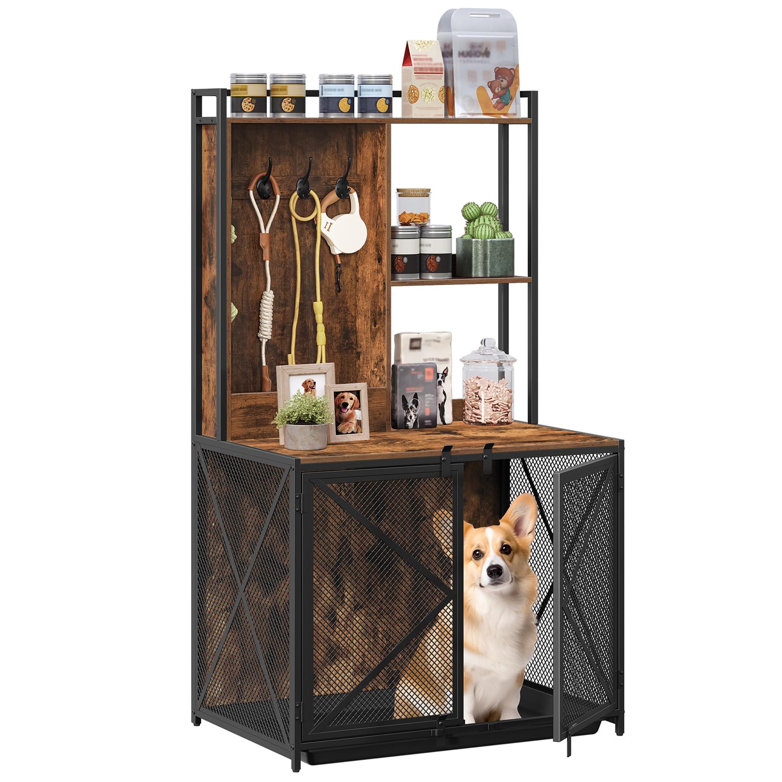 Heavy Duty Wooden Dog Crate Furniture with Storage Shelves & Leash Hooks - Rustic Brown Indoor Kennel for Small & Medium Dogs | Includes Removable Tray & Perfect for Living Room, Bedroom or Office Decor (DCHR12701)