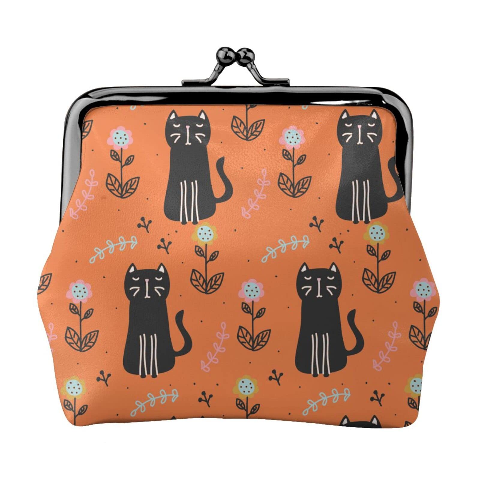 Stylish PU Leather Buckle Coin Purse - Orange Black Cat Floral Design Kiss-Lock Wallet for Women | Perfect for Change, Coins & Small Essentials | Great Gift for Girls & Cat Lovers