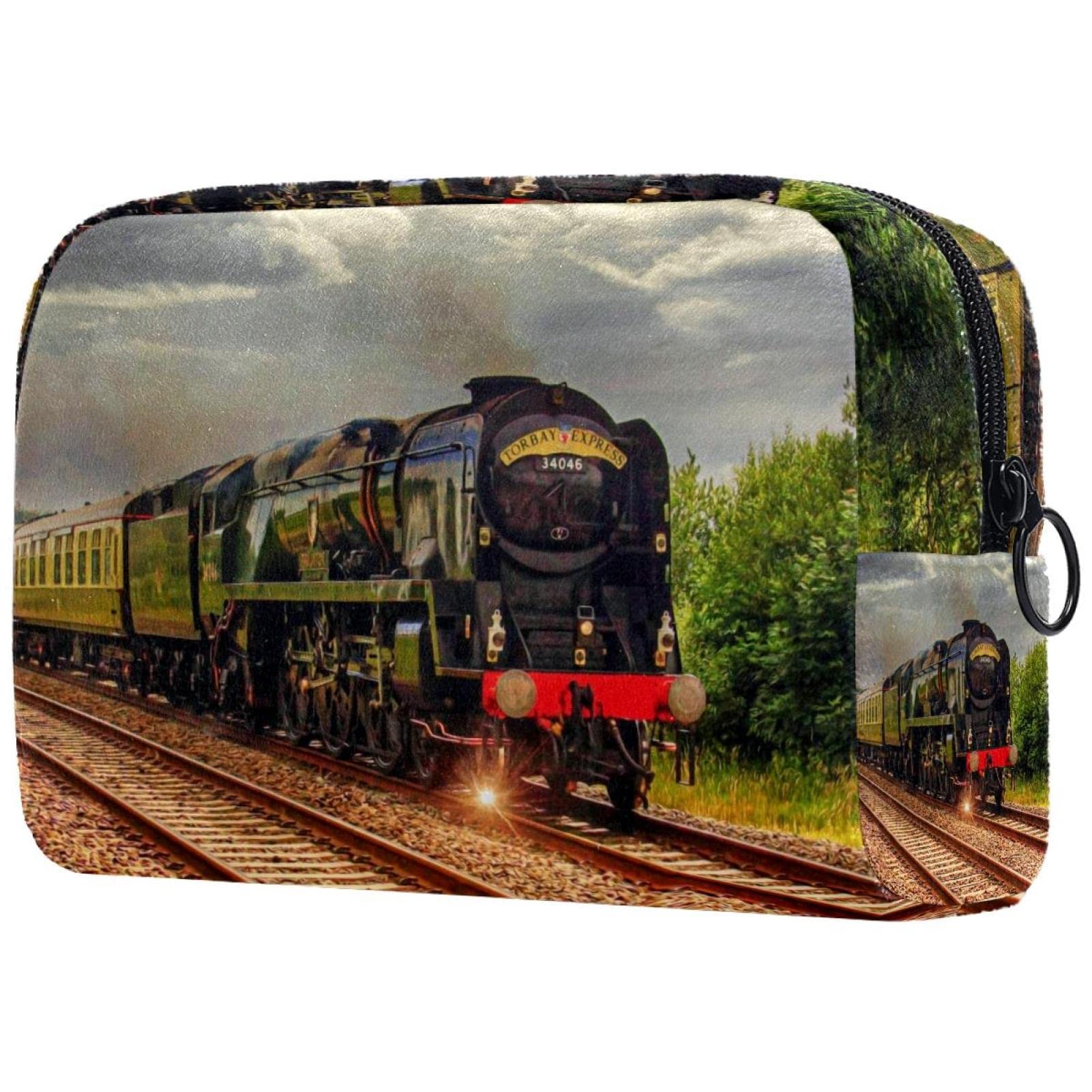 Vintage Steam Locomotive Print Canvas Makeup Bag for Women - Medium Cosmetic Pouch, Travel Toiletry Organizer & Pencil Case - Perfect Gift for Train Enthusiasts (Great for Travel, Daily Use & Makeup Storage)