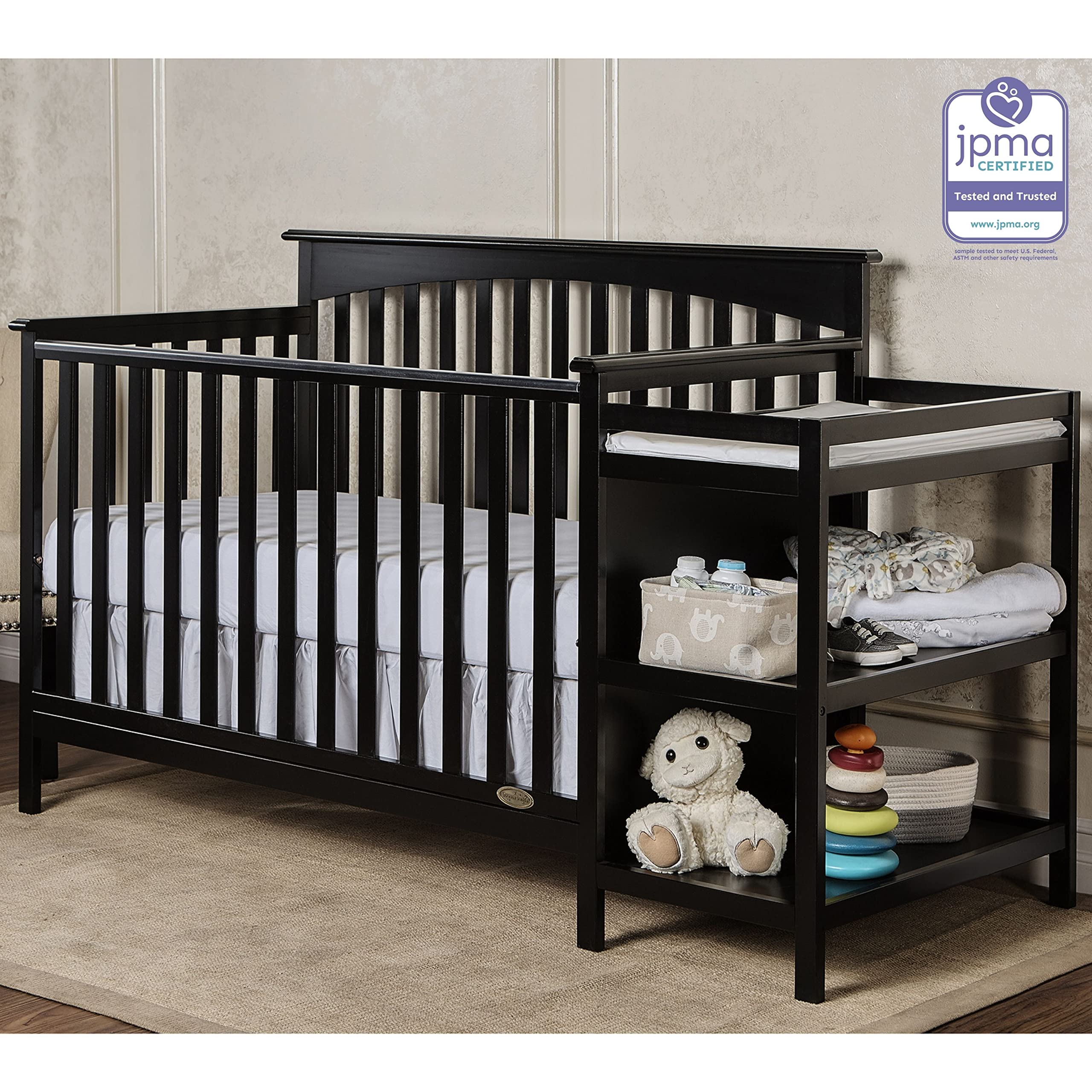 Dream On Me Chloe 5-in-1 Convertible Crib and Changer - Black | Nursery Furniture for Baby Girls & Boys | Converts to Toddler Bed, Daybed & More | Perfect for Small Spaces & Modern Nurseries