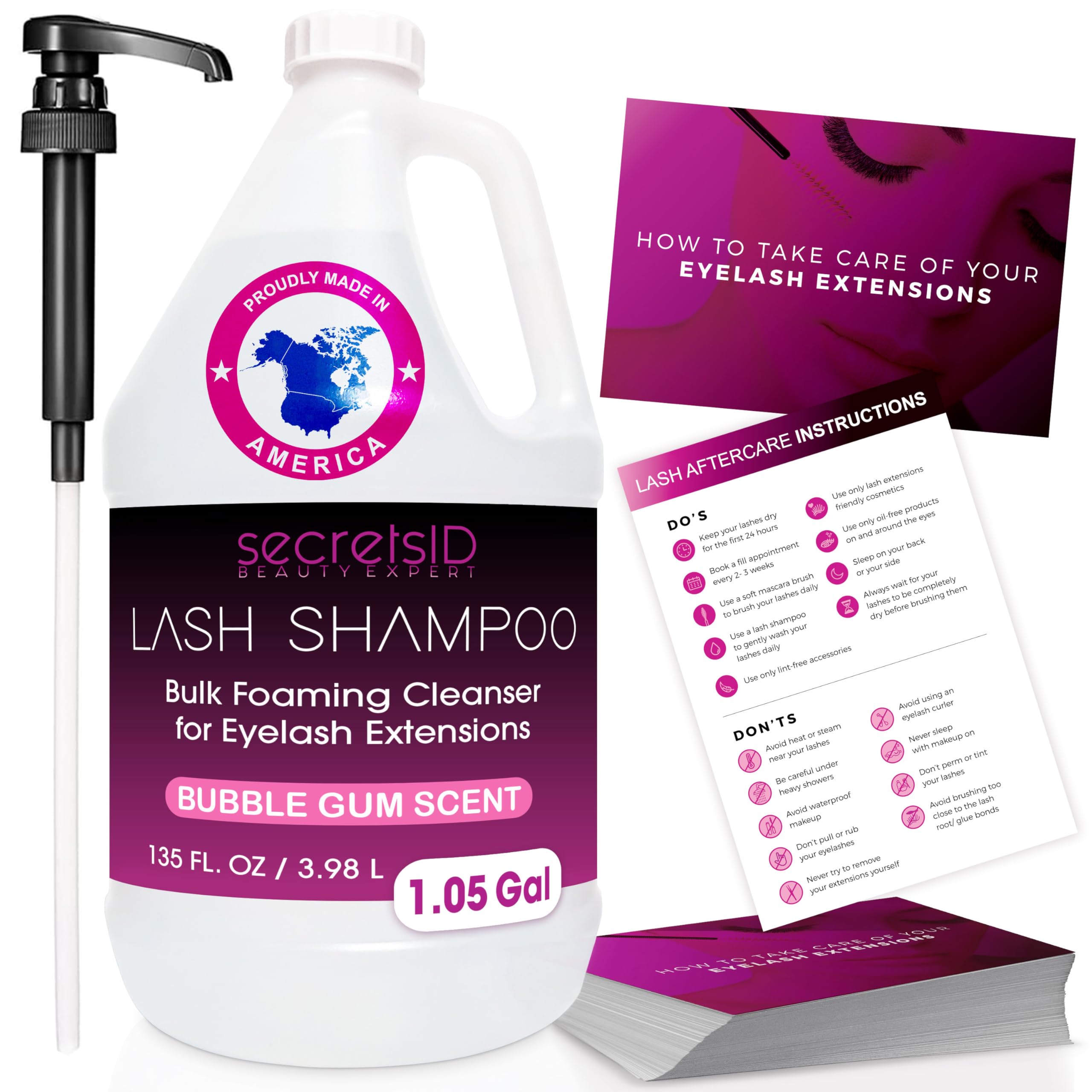 Professional Lash Shampoo for Eyelash Extensions - 3.98L (1.05 Gallon) Bulk Size with 50 Aftercare Cards - Made in USA Foaming Eyelid Cleanser - Salon-Grade Lash & Brow Wash - Bubble Gum Scent - Perfect for Lash Artists, Salons & Home Use