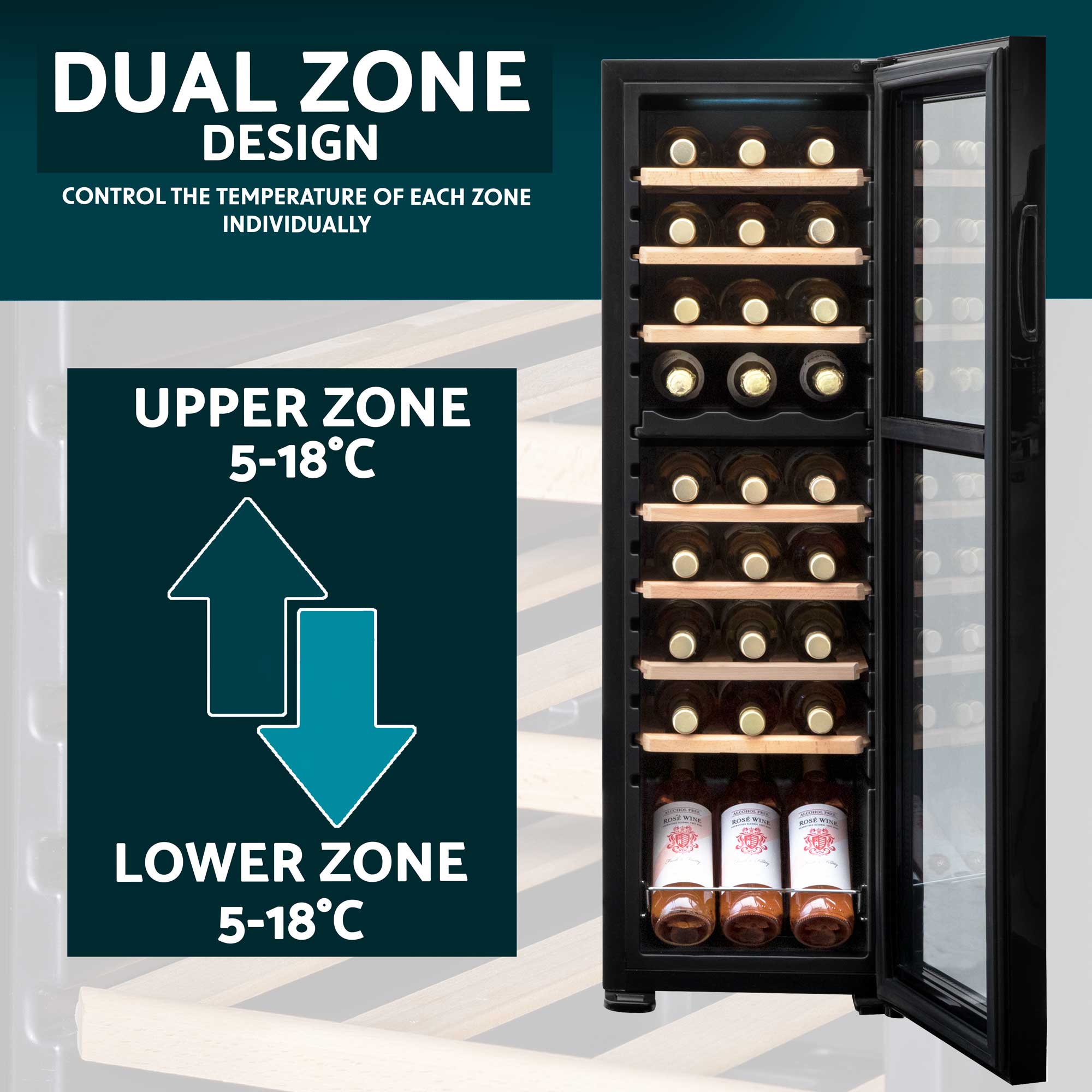Baridi 27 Bottle Dual Zone Wine Cooler Refrigerator - Touch Screen Control, Adjustable Wooden Shelves, LED Lighting - Perfect for Home, Office, or Restaurant Wine Storage & Display