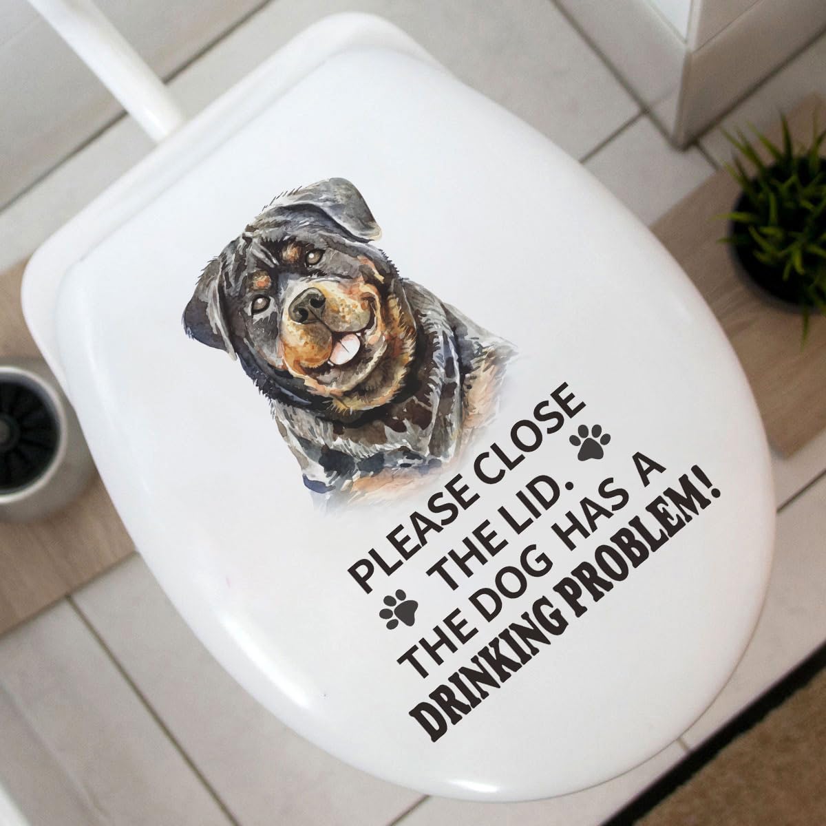Funny Rottweiler Dog Toilet Seat Cover Decal - 'Please Close The Lid, The Dog Has Drinking Problems' - Humorous Bathroom Decor Vinyl Sticker - Waterproof & Removable - Perfect for Home, Apartment & Office Washrooms