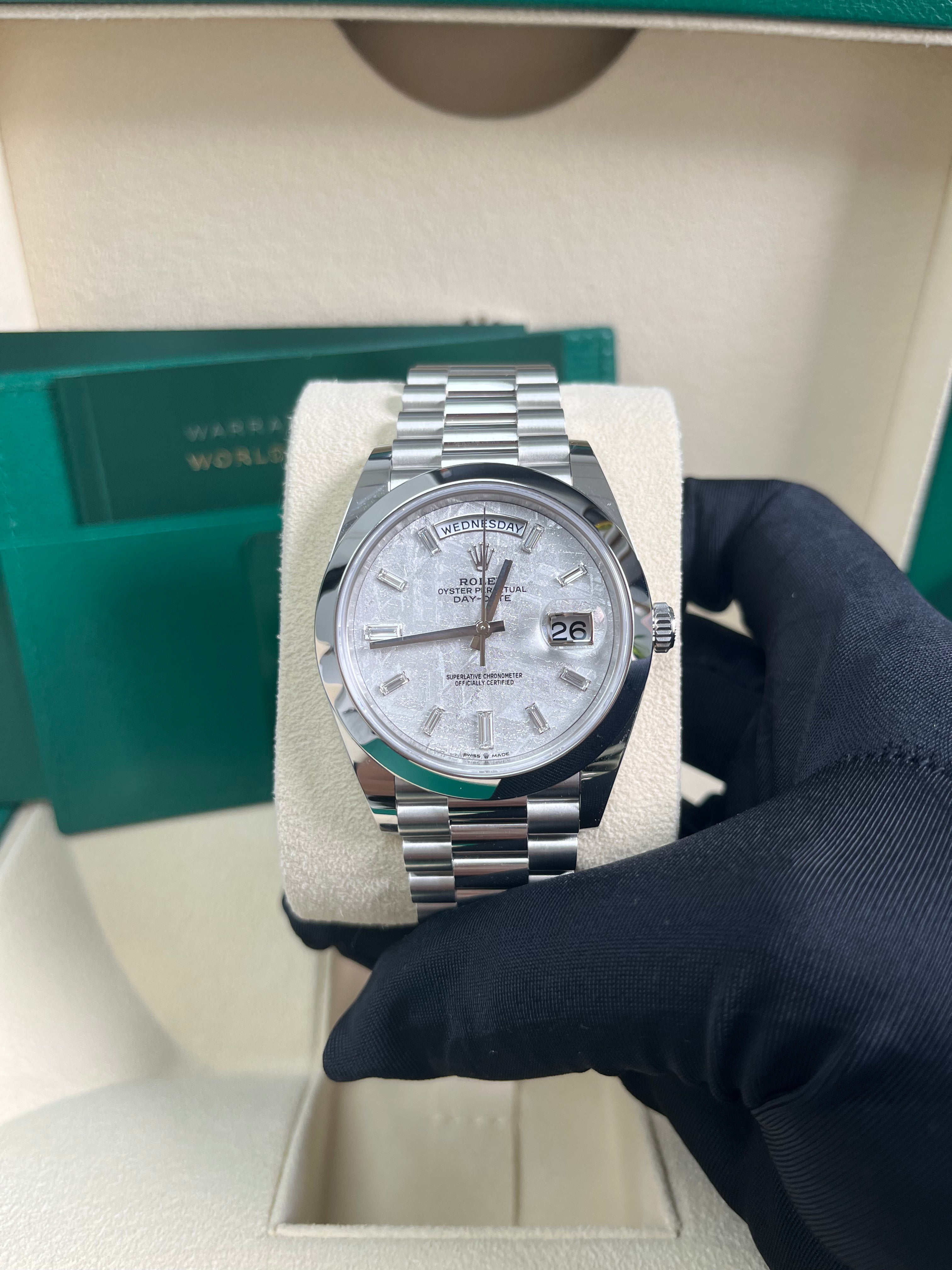 Rolex Day-Date 40 Platinum Watch with Meteorite Baguette Diamond Dial & President Bracelet – Luxury Dress Watch for Business & Formal Events (Model 228206)