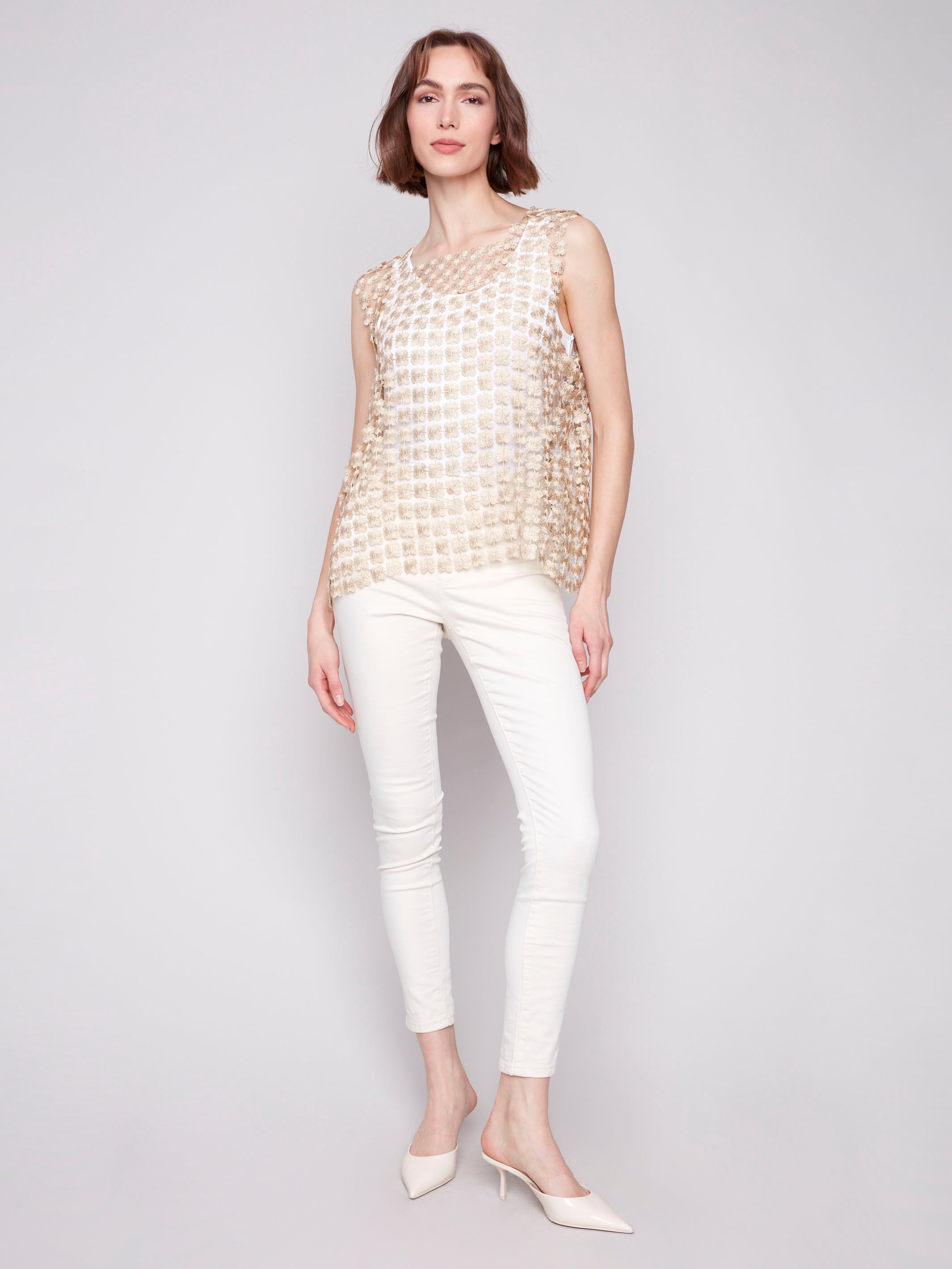 Crochet Flower Sleeveless Top for Women - Boho Textured Summer Blouse in Gold | Beach Outfits, Music Festivals, Casual Wear