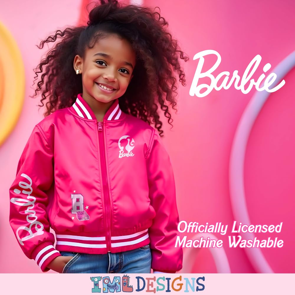 Barbie Girls Bomber Jacket - Pink Zip Up Varsity Jacket for Girls | Trendy Outerwear for School, Playdates & Birthday Parties | Girl Power Fashion for Everyday Wear