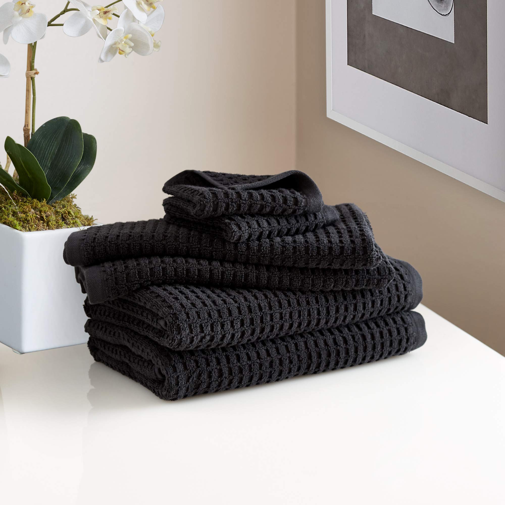 DKNY Quick Dry Cotton Towel Set - 2 Bath Towels, 2 Hand Towels, 2 Washcloths, Black | Ultra Absorbent & Soft for Bathroom, Spa & Gym Use
