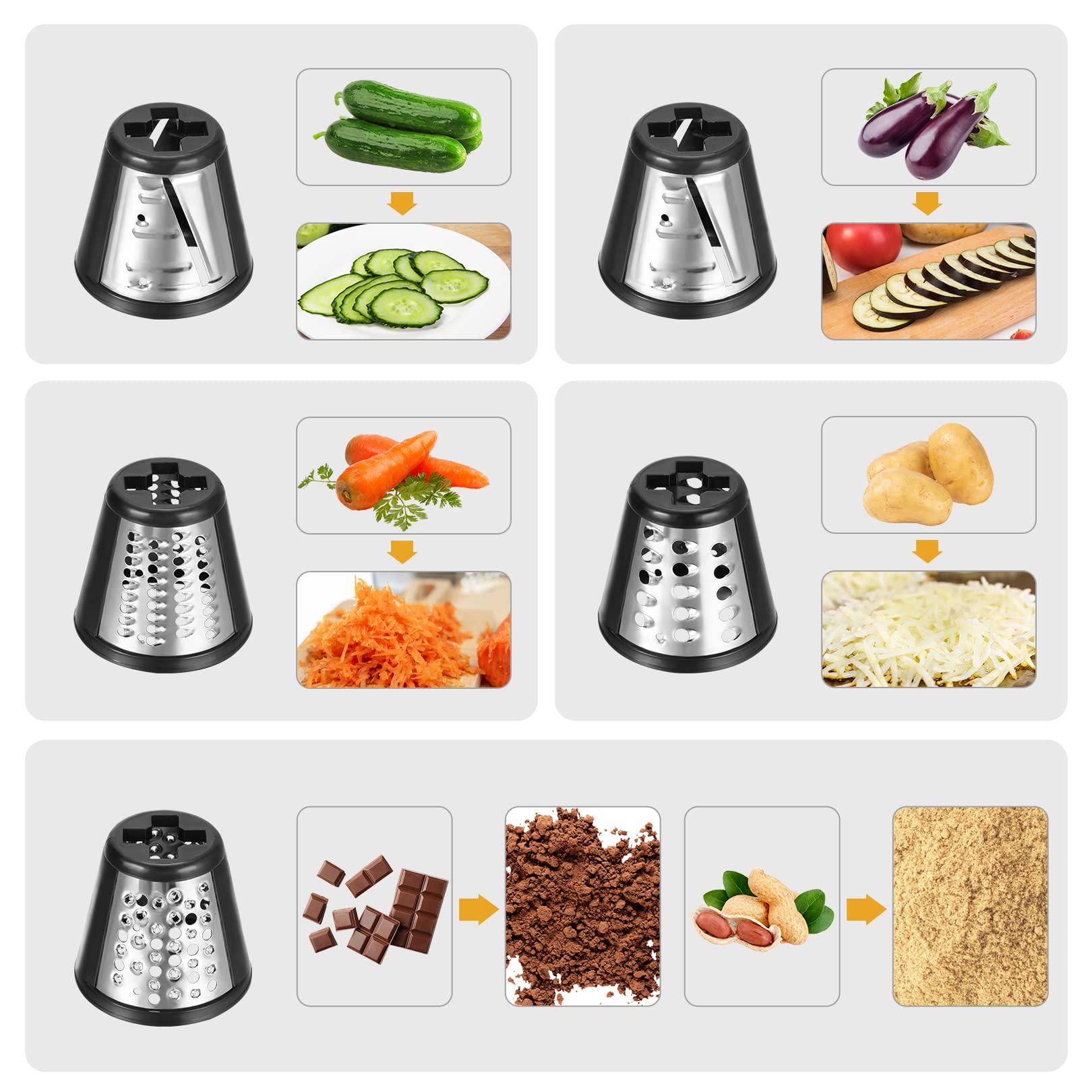 250W Electric Cheese Grater & Slicer - 5-in-1 Professional Kitchen Appliance for Block Cheese, Vegetables, Carrots & Zucchini - Perfect for Salads, Pasta, Pizza & Meal Prep