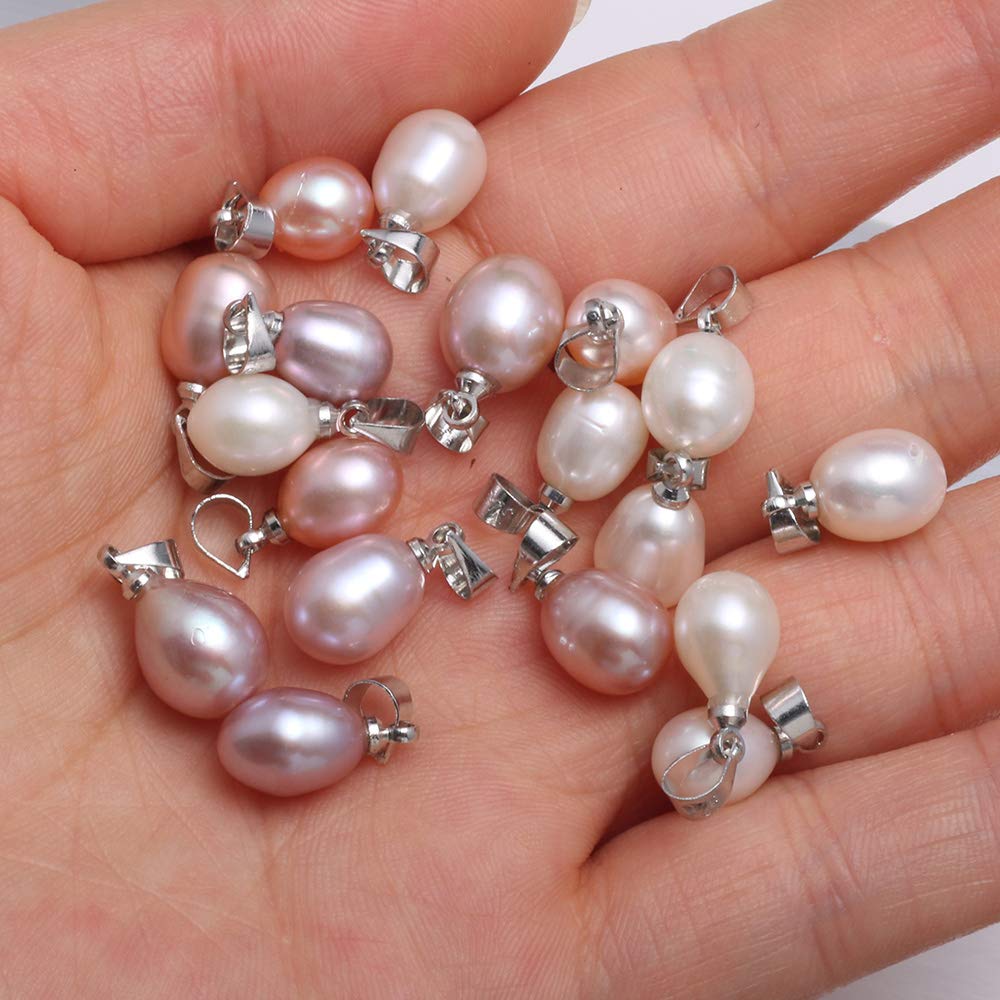 LE SKY 10 Pcs AAA Grade Natural Pink Freshwater Cultured Pearl Pendants - Rice Shape 7-8mm Pearl Beads for Jewelry Making DIY, Necklace & Bracelet Charms - Perfect for Wedding, Bridal & Handmade Jewelry Designs