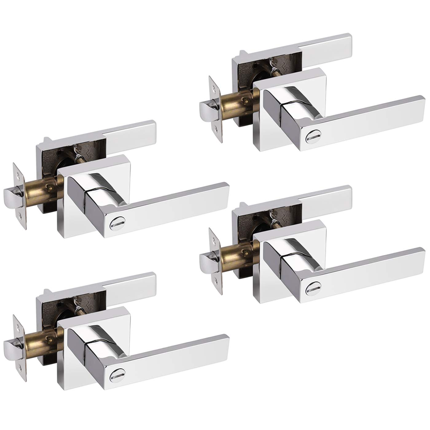 Gobrico 4-Pack Square Bedroom Bathroom Door Levers - Bright Chrome Privacy Door Locks & Interior Door Handles Hardware for Home Office Closet Installation