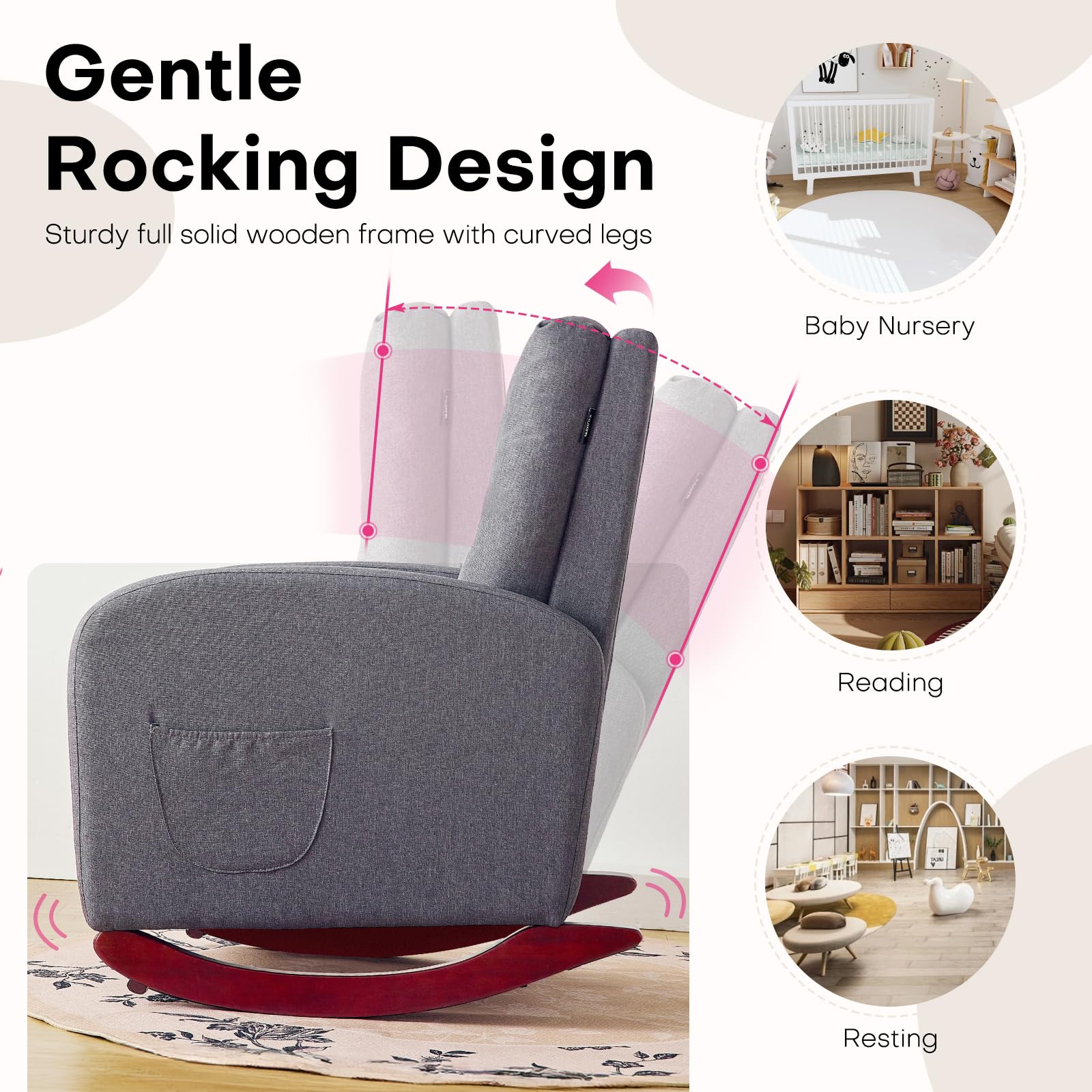 Redlife Rocking Chair Nursery - High Back Linen Upholstered Rocking Chair with Side Pocket for Living Room, Bedroom & Nursery - Comfortable Indoor Rocking Chair (Grey) - Perfect for Nursing, Reading & Relaxing