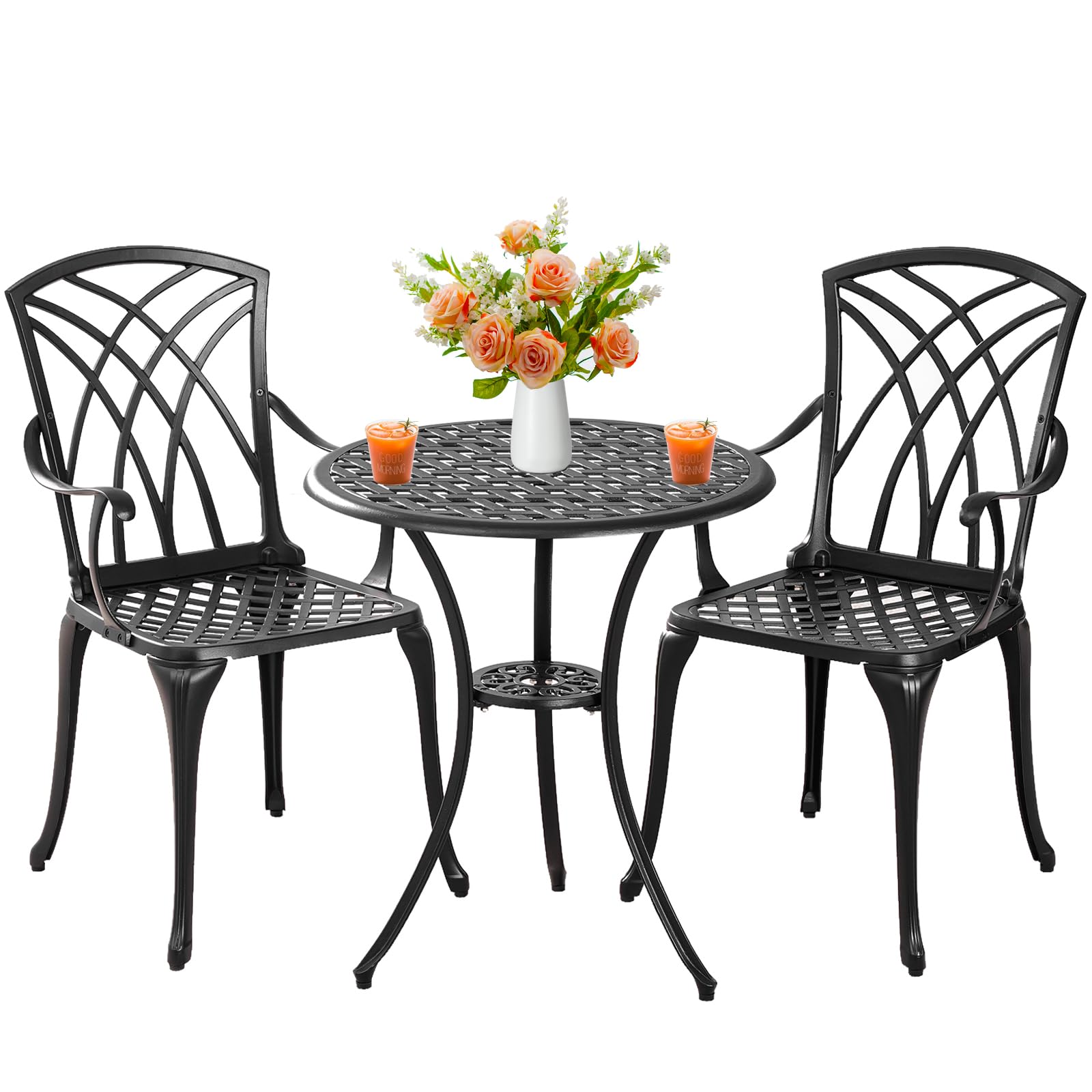 Outdoor 3-Piece Bistro Set - Durable Cast Aluminum Table & 2 Chairs - All-Weather Patio Furniture for Garden, Deck, or Balcony - Black - Perfect for Coffee, Dining & Relaxing Outdoors