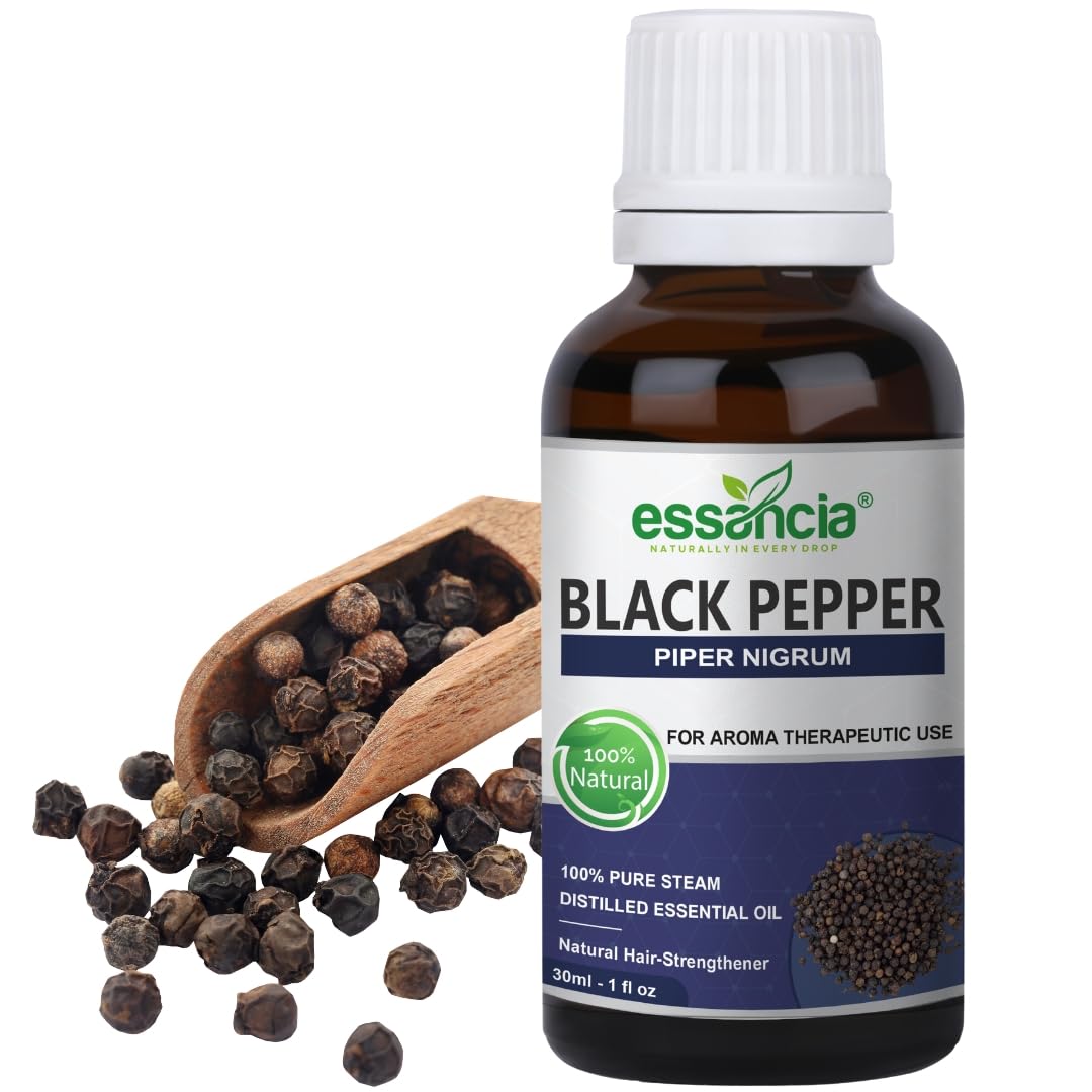 **Essencia 100% Pure Black Pepper Essential Oil - Natural Undiluted Therapeutic Grade for Aromatherapy, Energy Boost & Massage (30ml) - Perfect for Diffusers, DIY Skincare & Relaxation**