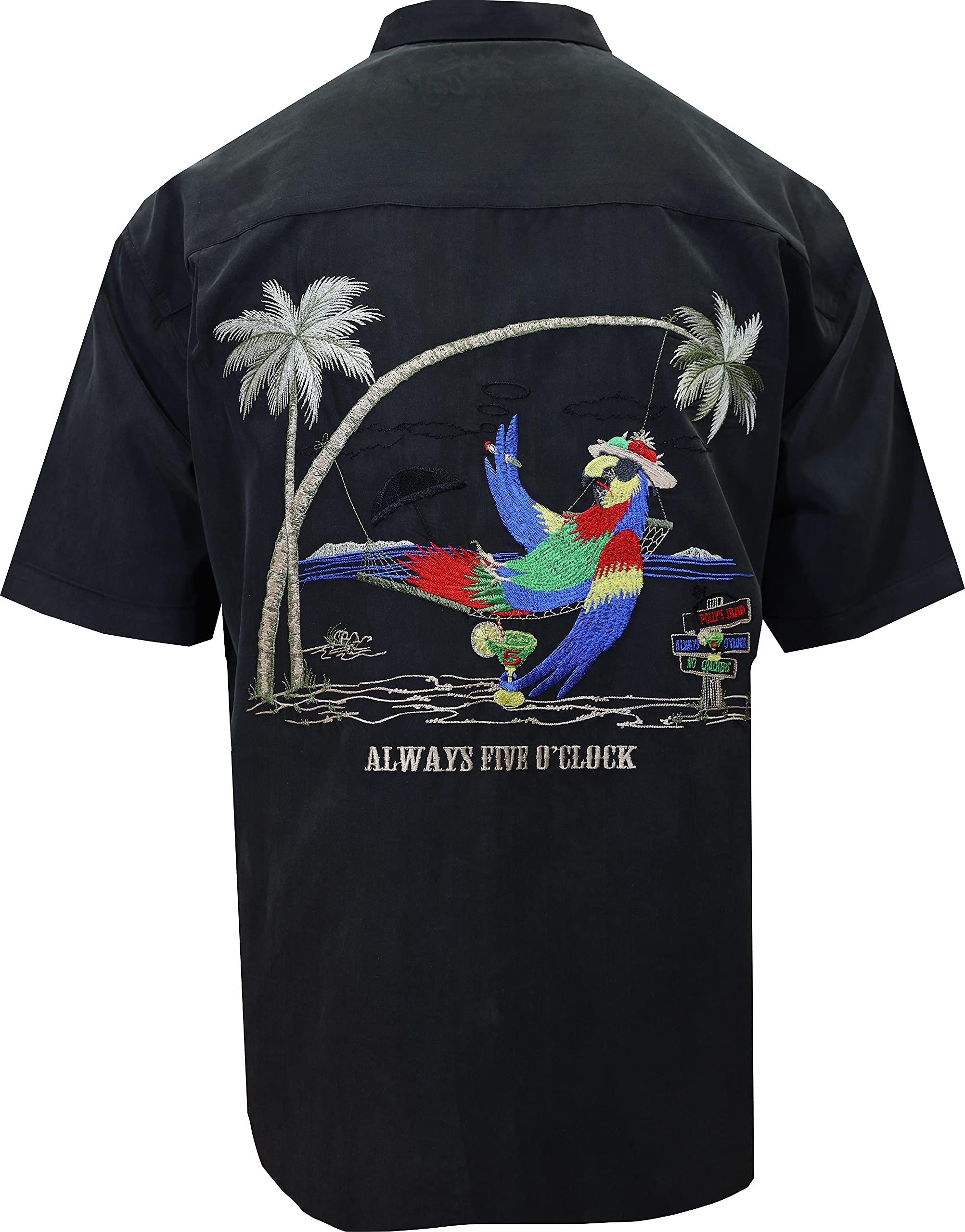 Bamboo Cay Men's Short Sleeve Casual Button Up Shirt with Embroidered 'Always 5 O'Clock' Design - Perfect for Beach Outings, Summer Parties & Weekend Getaways