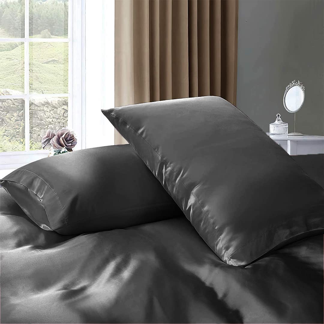 Luxury 7-Piece Twin XL Silk Satin Sheet Set - Breathable Cooling Bed Sheets with Deep Pockets - Wrinkle-Free Hotel Quality Duvet Cover - Dark Grey Comfy Bedding for Hot Sleepers & Upscale Bedrooms