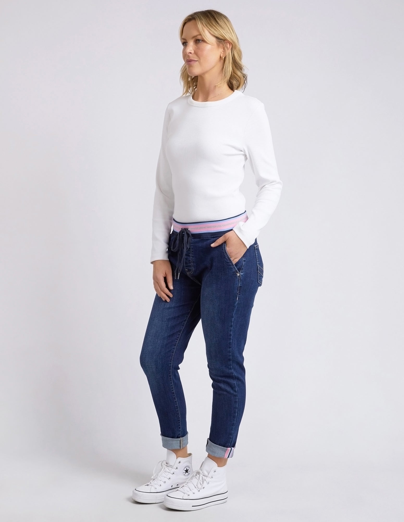 Elm Melody Women's Denim Jogger Pants - Stretch Comfortable Casual Indigo Blue Joggers for Lounge, Travel & Everyday Wear