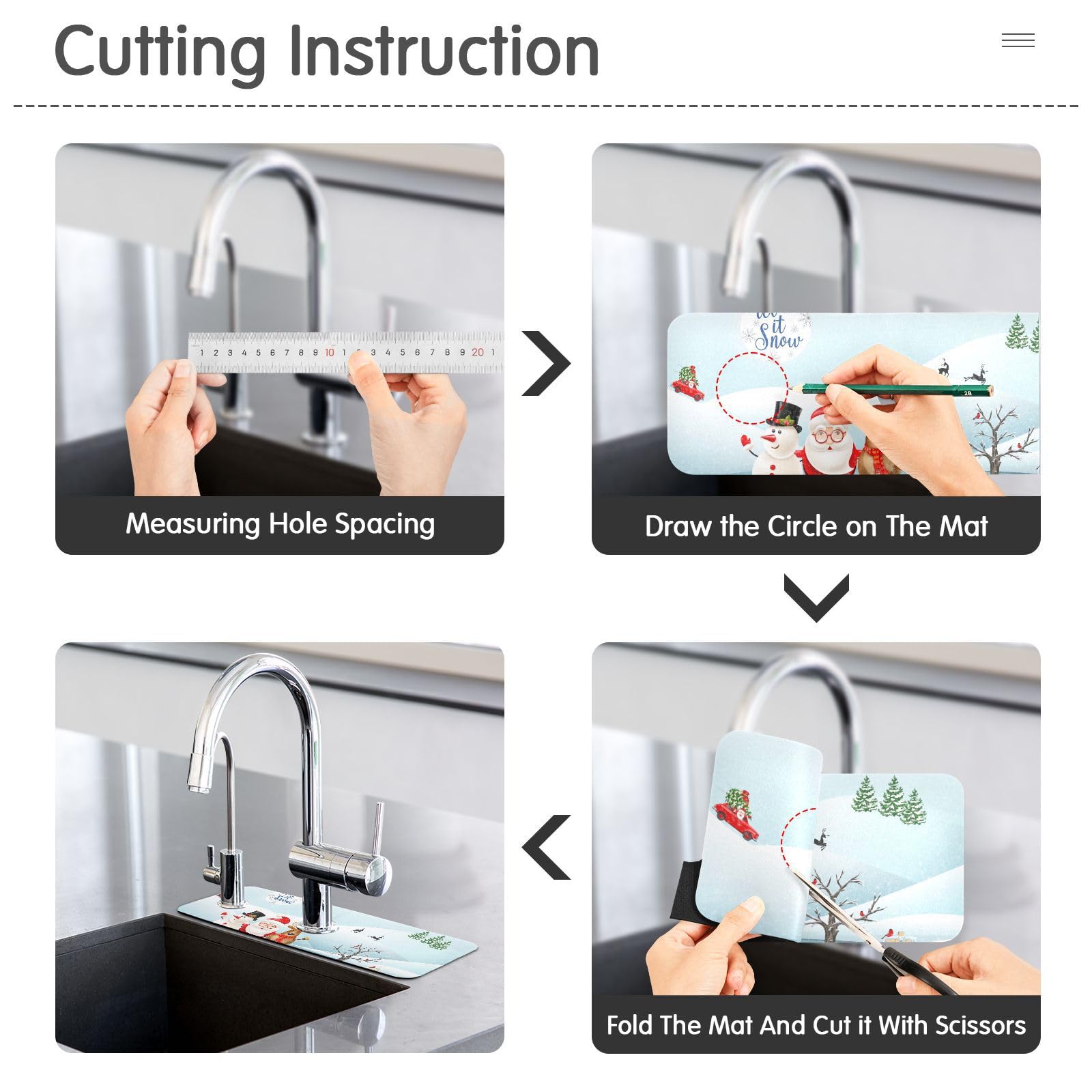 Non-Slip Sink Splash Guard Mat - Absorbent Drip Catcher for Kitchen & Bathroom Faucets (14.7x5.4 Inch, 2PCS) - Trimmable Design Fits RV, Bar Sinks - Perfect for Winter & Holiday Decor (Christmas Snowman Theme)