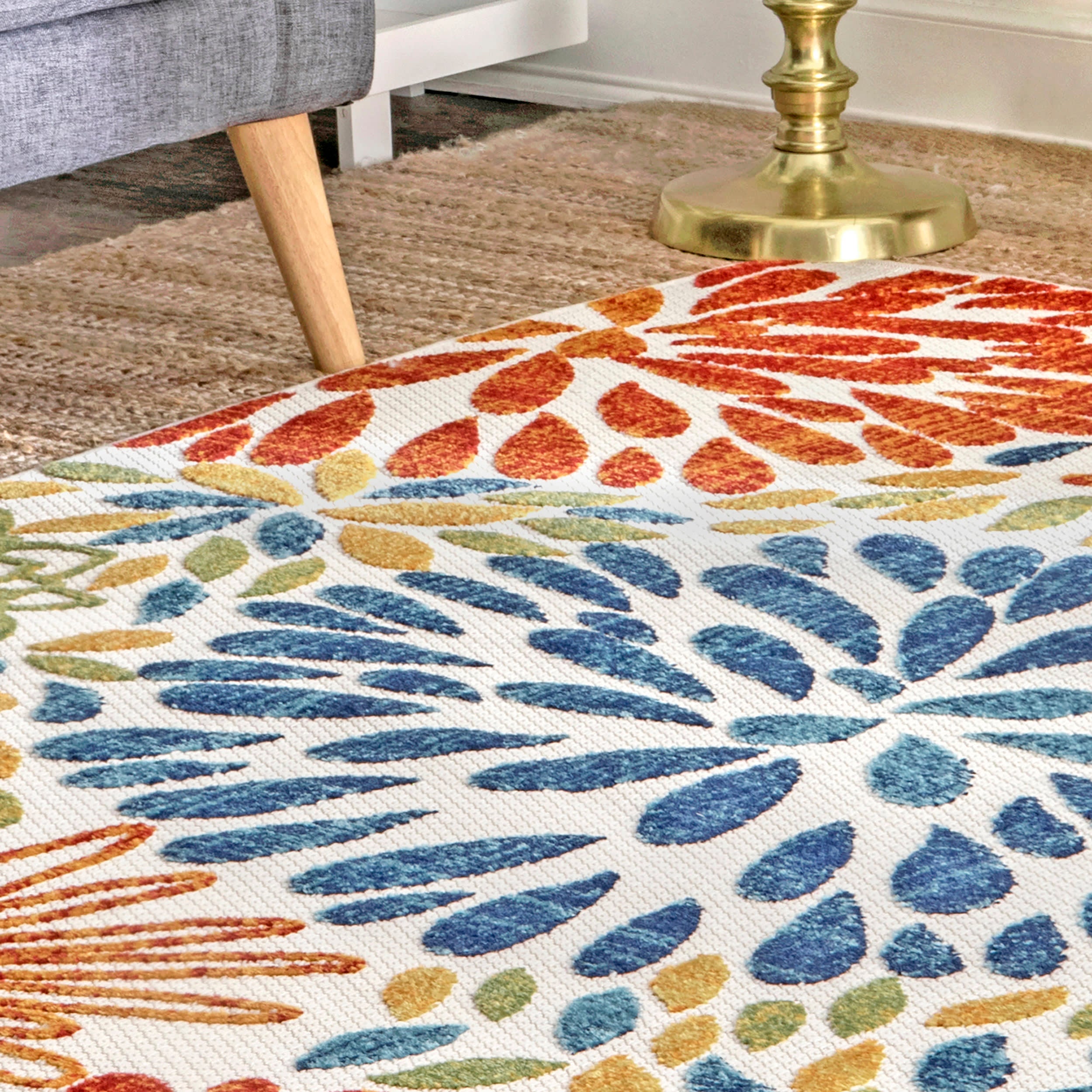 Floral Fireworks Indoor/Outdoor Area Rug - Blue Bohemian Design for Living Room, Bedroom & Patio Decor