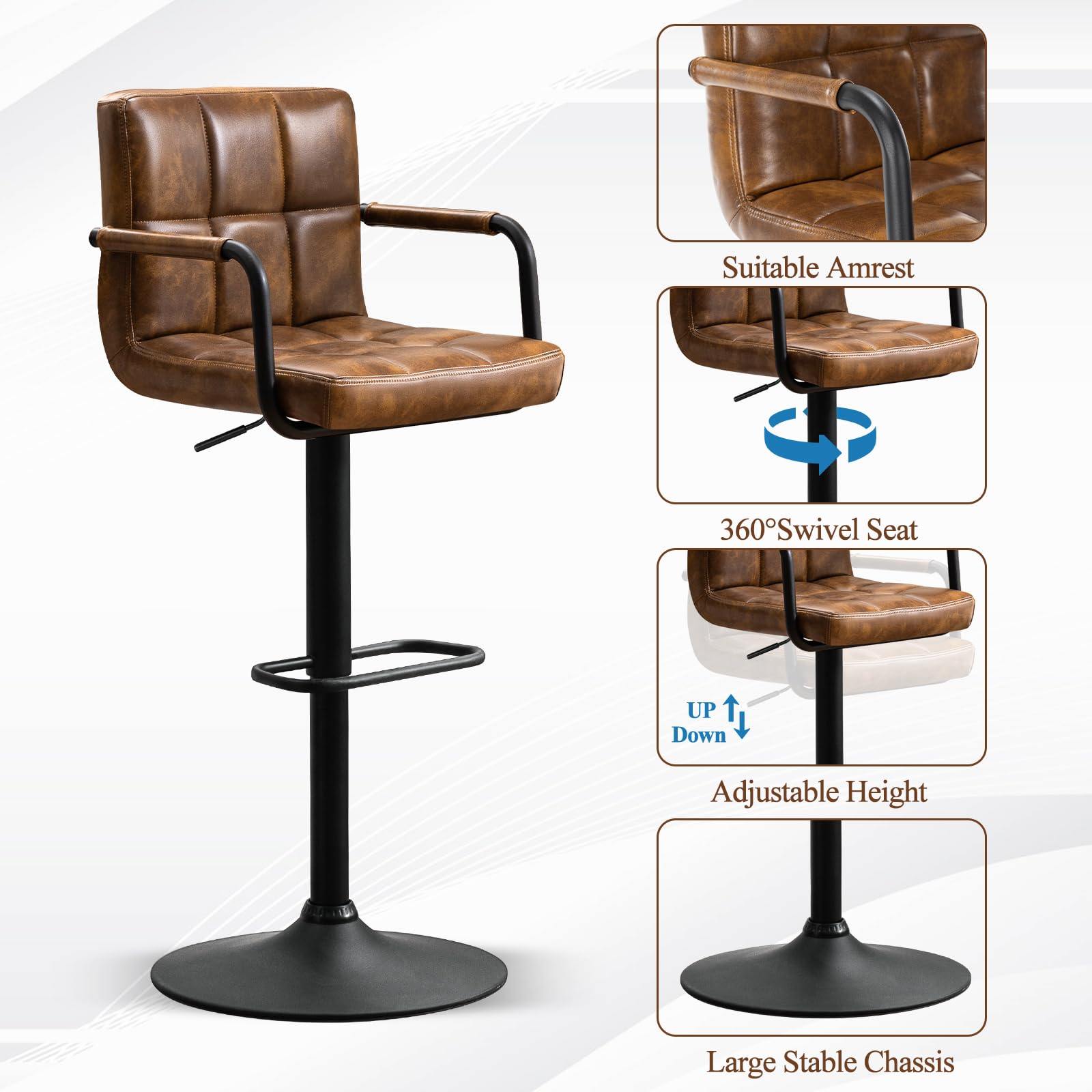 Furniliving Set of 2 Modern PU Leather Bar Stools with Back & Armrest - Adjustable Height Kitchen Counter Stools for Bar, Pub, Cafe & Home Dining (Yellow Brown) | Perfect for Breakfast Nooks, Kitchen Islands & Entertainment Spaces